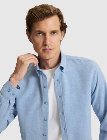 Mavi Slim Fit Dokulu Uzun Kollu Gömlek