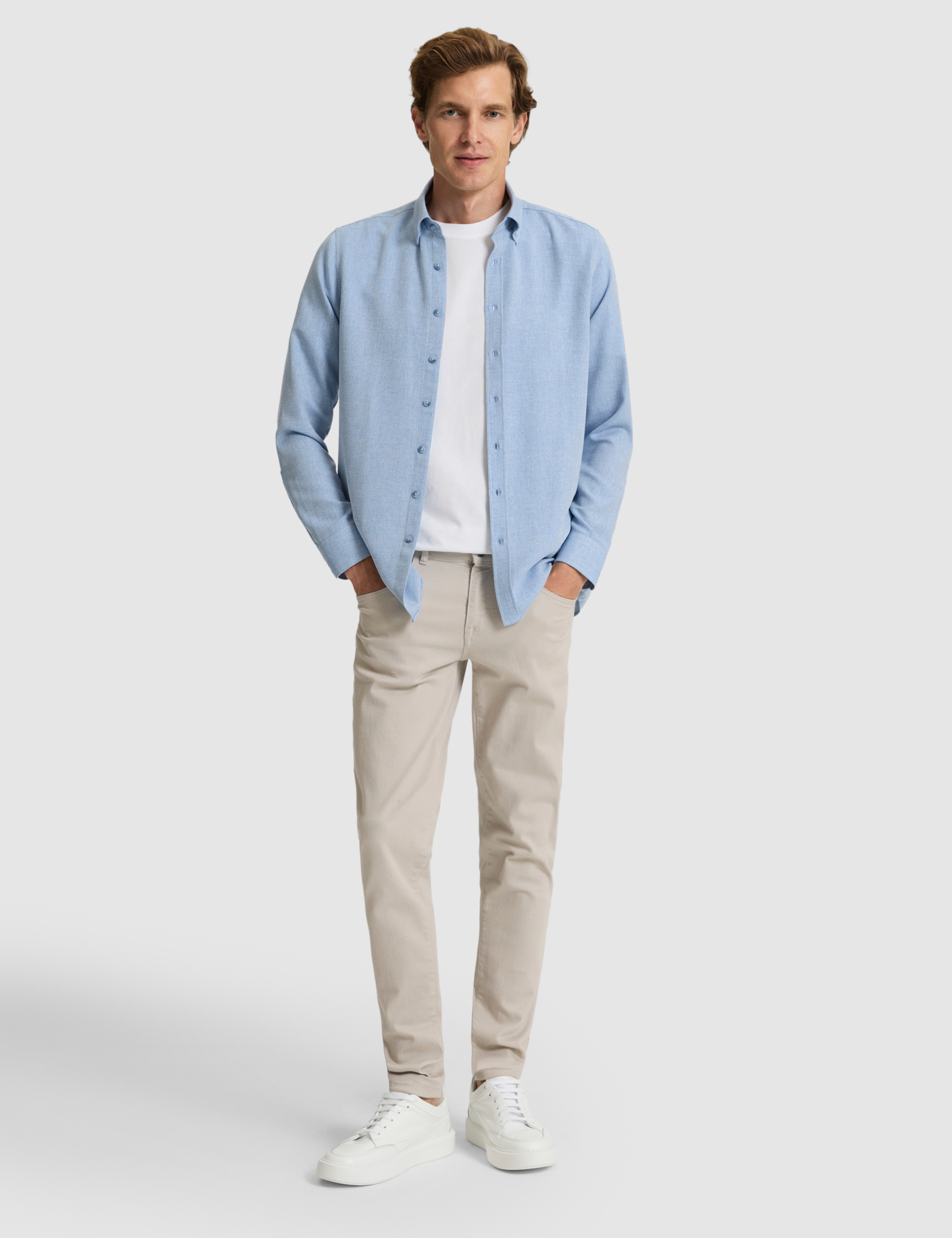Mavi Slim Fit Dokulu Uzun Kollu Gömlek