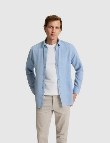 Mavi Slim Fit Dokulu Uzun Kollu Gömlek