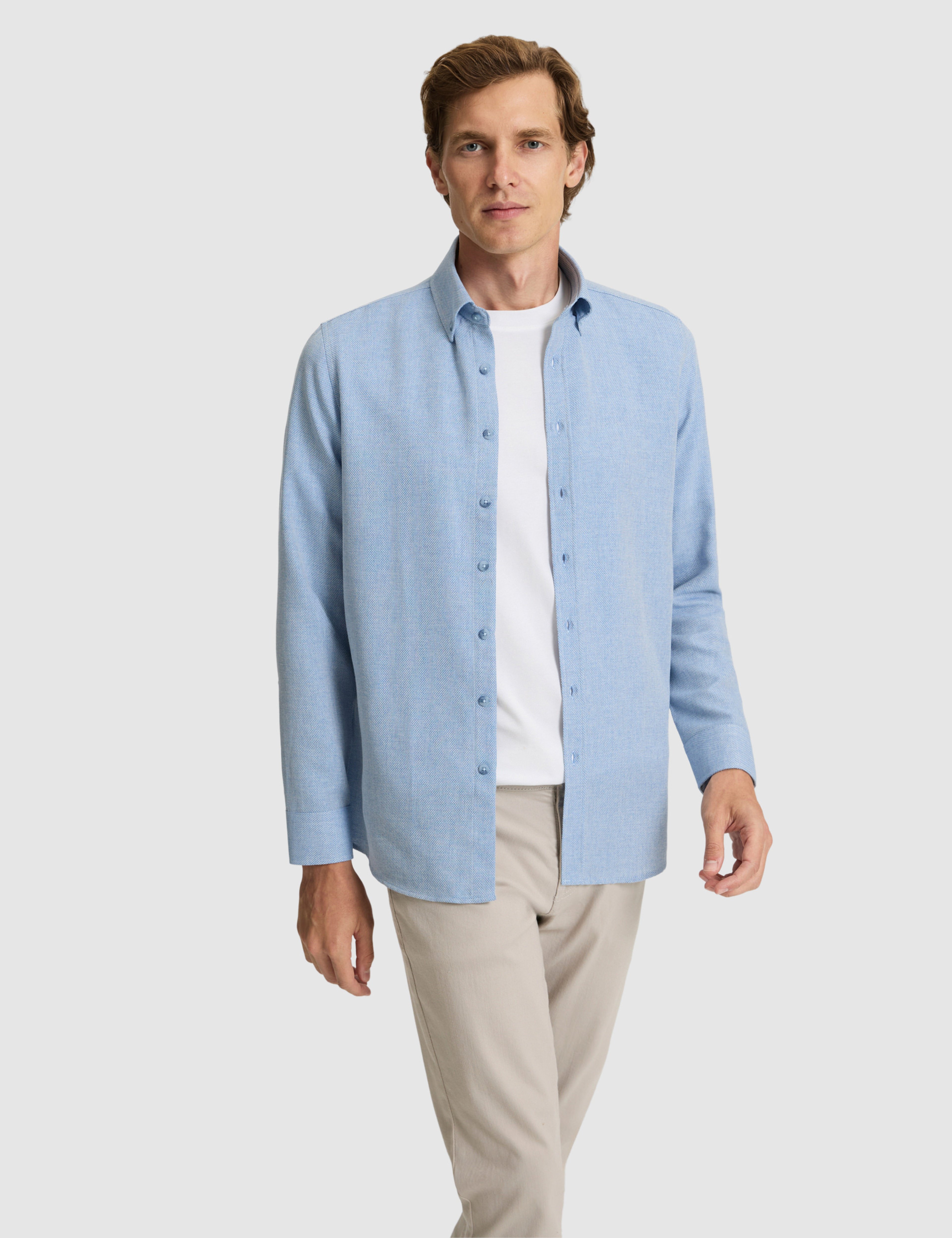 Mavi Slim Fit Dokulu Uzun Kollu Gömlek - Image 3