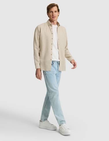 Bej Slim Fit Dokulu Uzun Kollu Gömlek