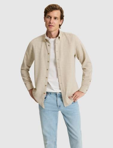 Bej Slim Fit Dokulu Uzun Kollu Gömlek