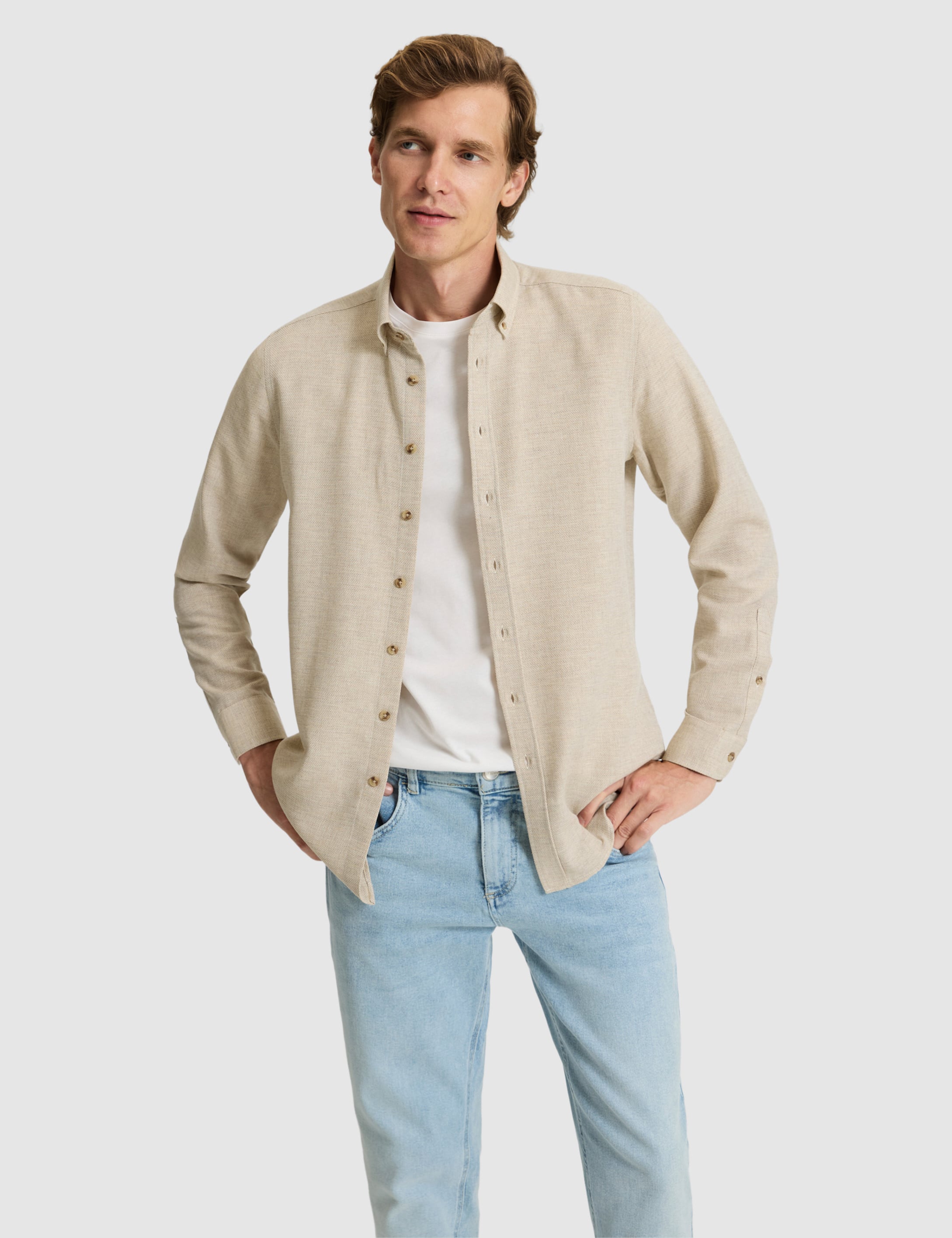 Bej Slim Fit Dokulu Uzun Kollu Gömlek - 50316768008