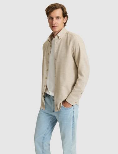 Bej Slim Fit Dokulu Uzun Kollu Gömlek