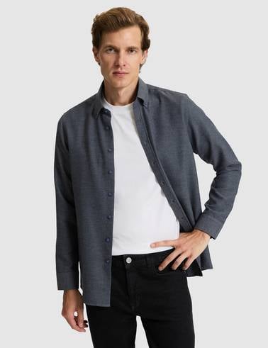 Lacivert Slim Fit Dokulu Uzun Kollu Gömlek
