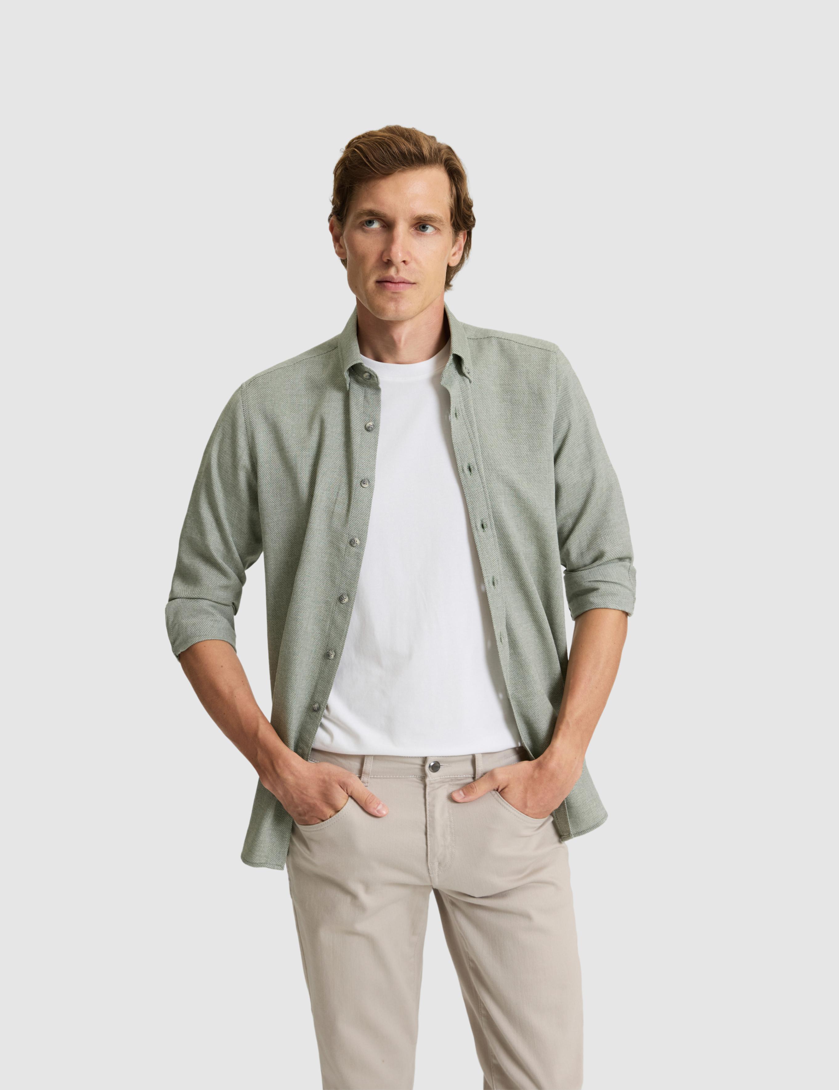 Yeşil Slim Fit Dokulu Uzun Kollu Gömlek