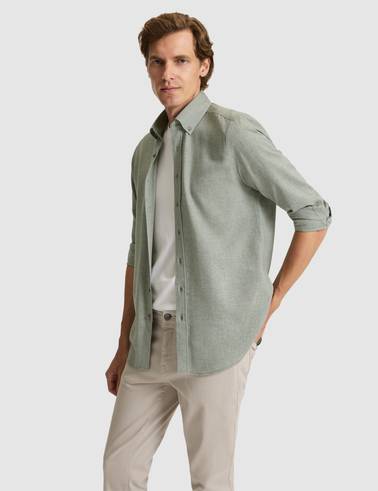 Yeşil Slim Fit Dokulu Uzun Kollu Gömlek