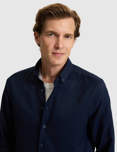 Lacivert Mikro Desenli Slim Fit Uzun Kollu Gömlek