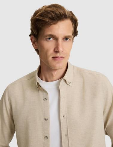 Bej Flanel Dokulu Slim Fit Uzun Kollu Gömlek