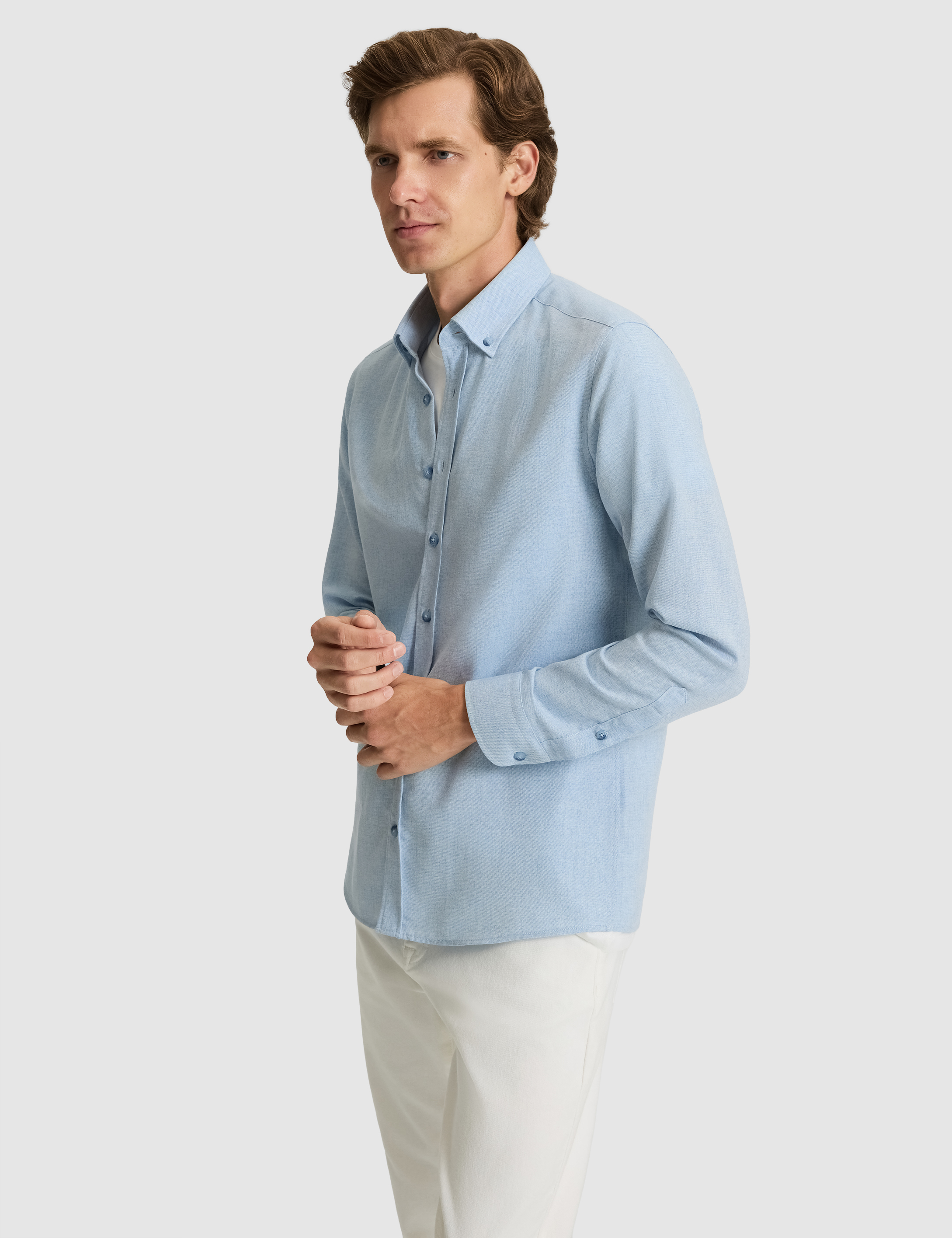 Açık Mavi Flanel Dokulu Slim Fit Uzun Kollu Gömlek - Image 3