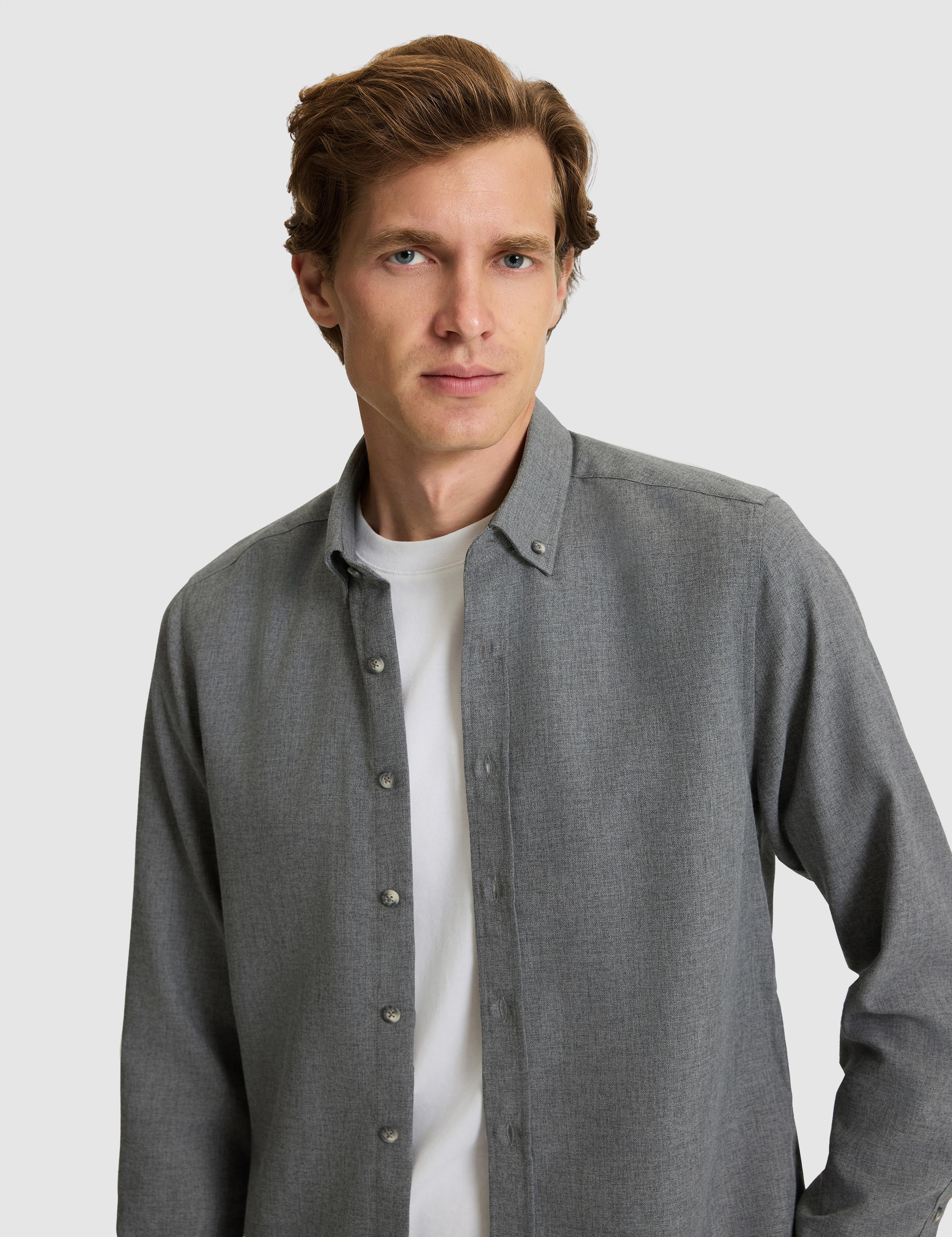 Gri Flanel Dokulu Slim Fit Uzun Kollu Gömlek