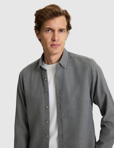 Gri Flanel Dokulu Slim Fit Uzun Kollu Gömlek