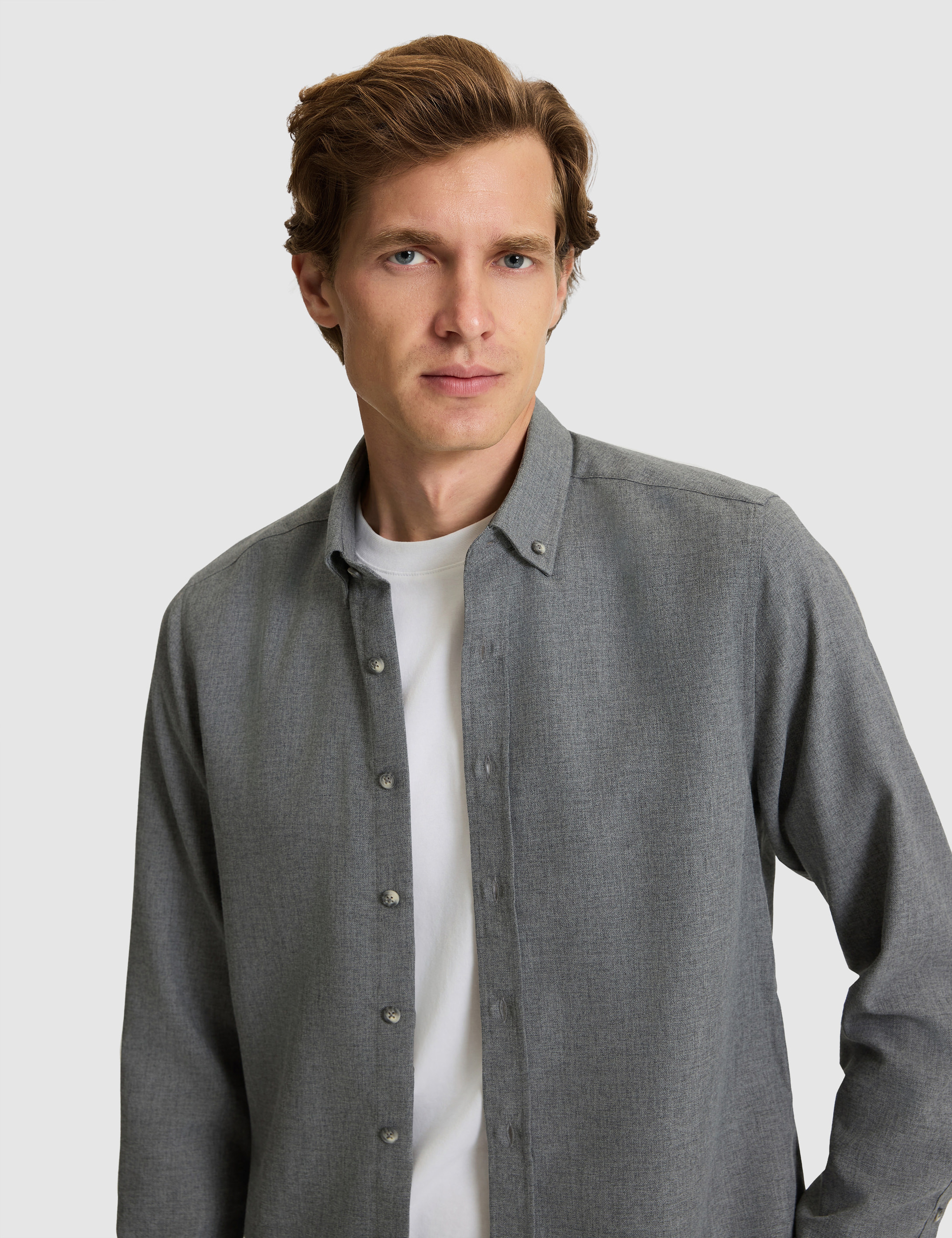 Gri Flanel Dokulu Slim Fit Uzun Kollu Gömlek