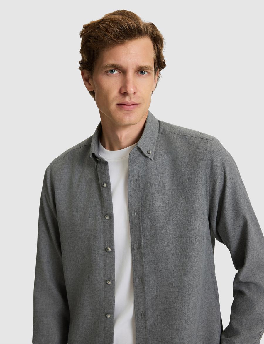 Gri Flanel Dokulu Slim Fit Uzun Kollu Gömlek