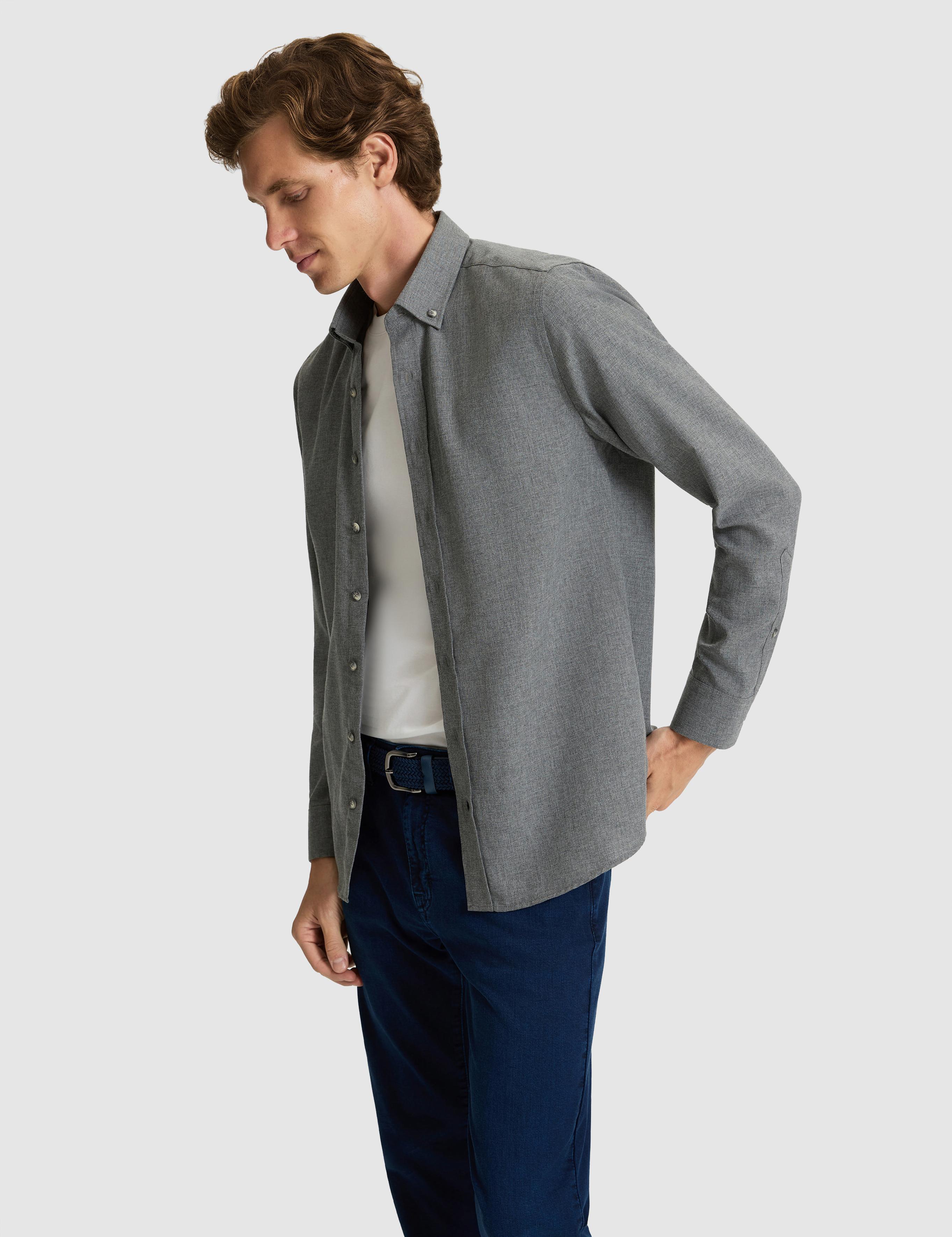Gri Flanel Dokulu Slim Fit Uzun Kollu Gömlek