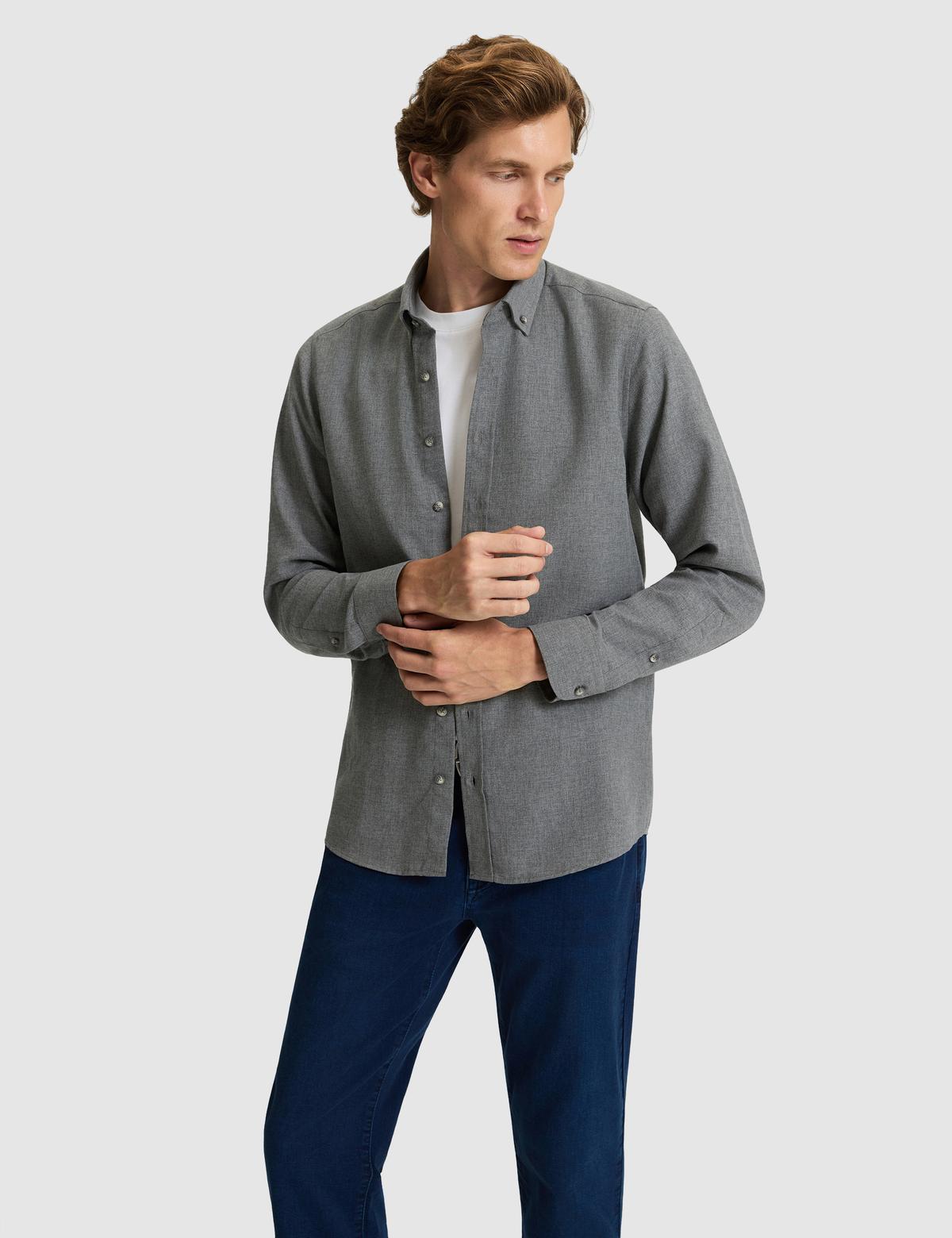 Gri Flanel Dokulu Slim Fit Uzun Kollu Gömlek