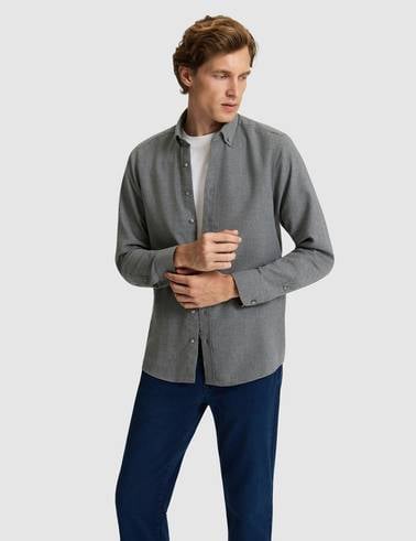 Gri Flanel Dokulu Slim Fit Uzun Kollu Gömlek