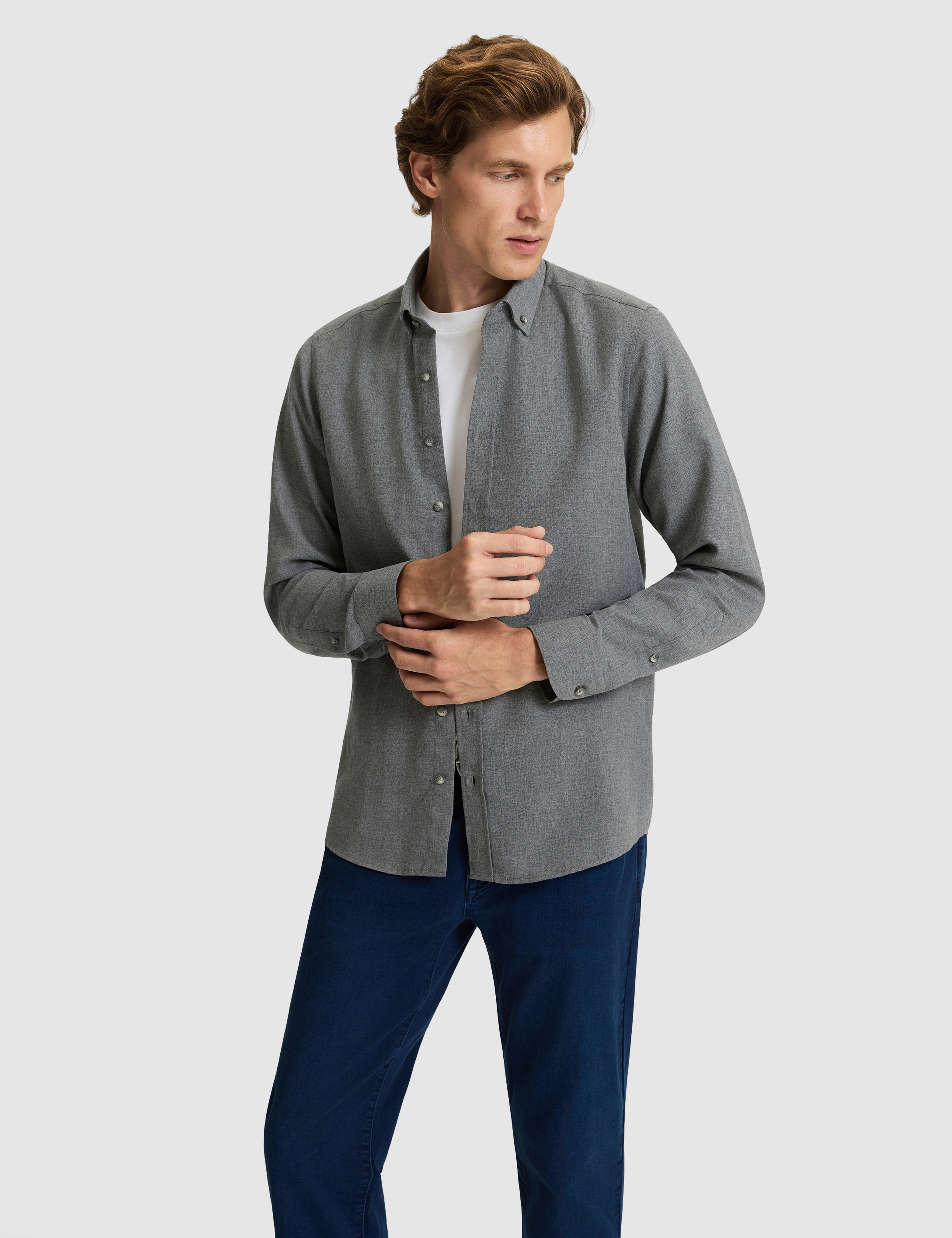 Gri Flanel Dokulu Slim Fit Uzun Kollu Gömlek