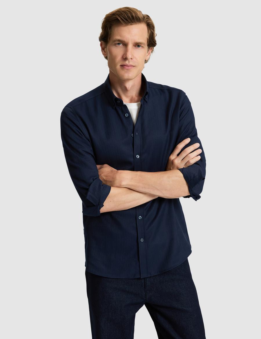 Lacivert Mikro Desenli Slim Fit Uzun Kollu Gömlek