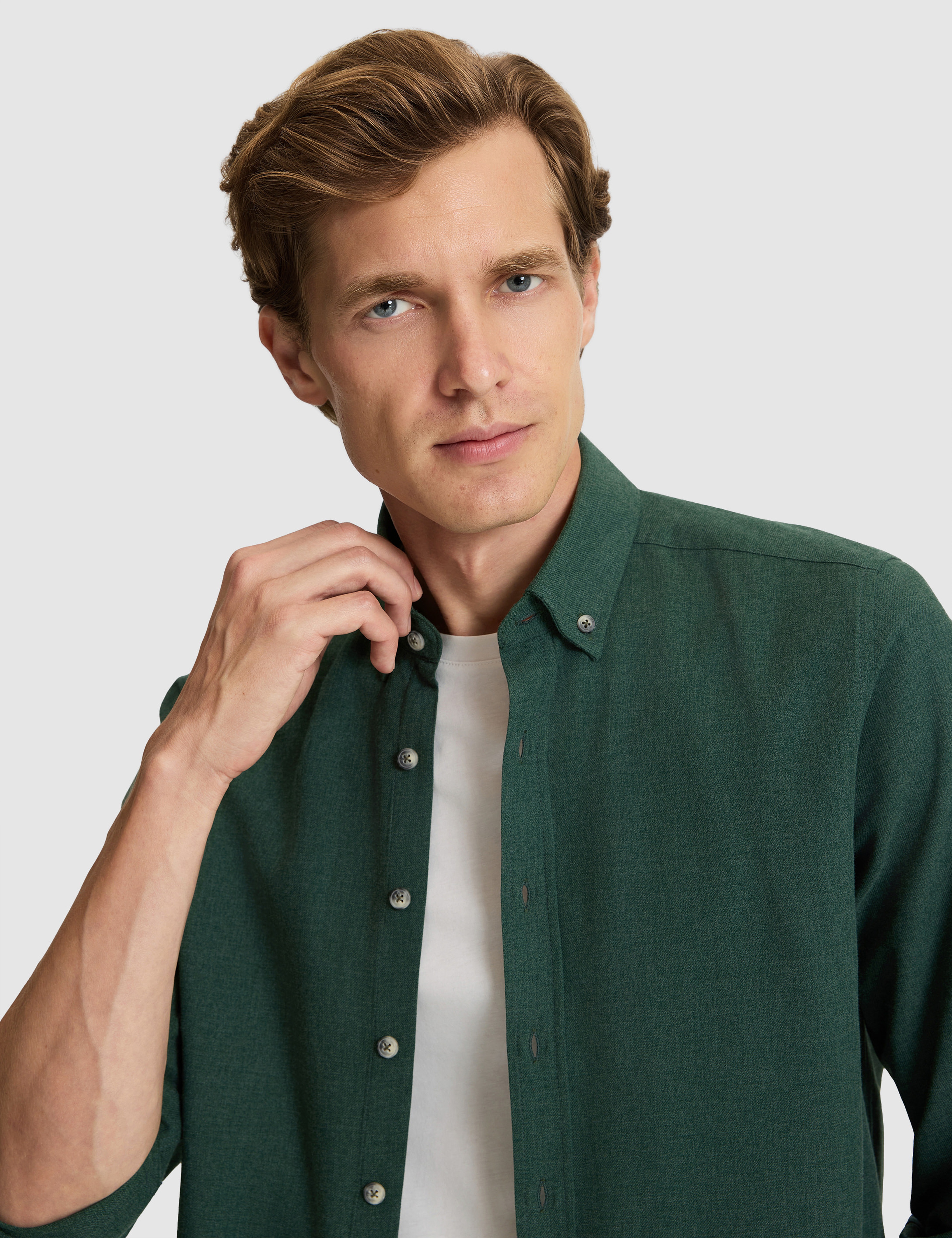 Yeşil Flanel Dokulu Slim Fit Uzun Kollu Gömlek