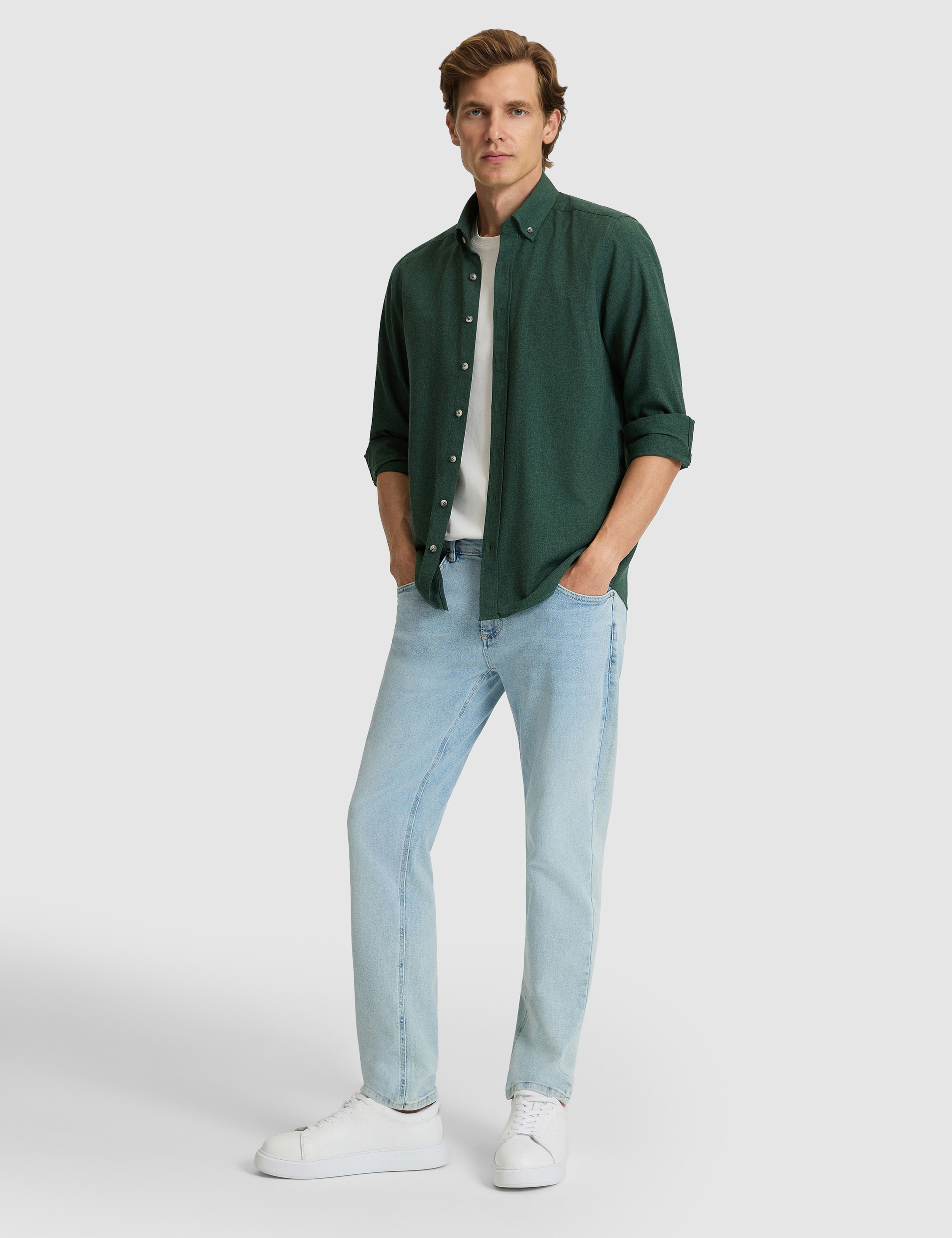 Yeşil Flanel Dokulu Slim Fit Uzun Kollu Gömlek