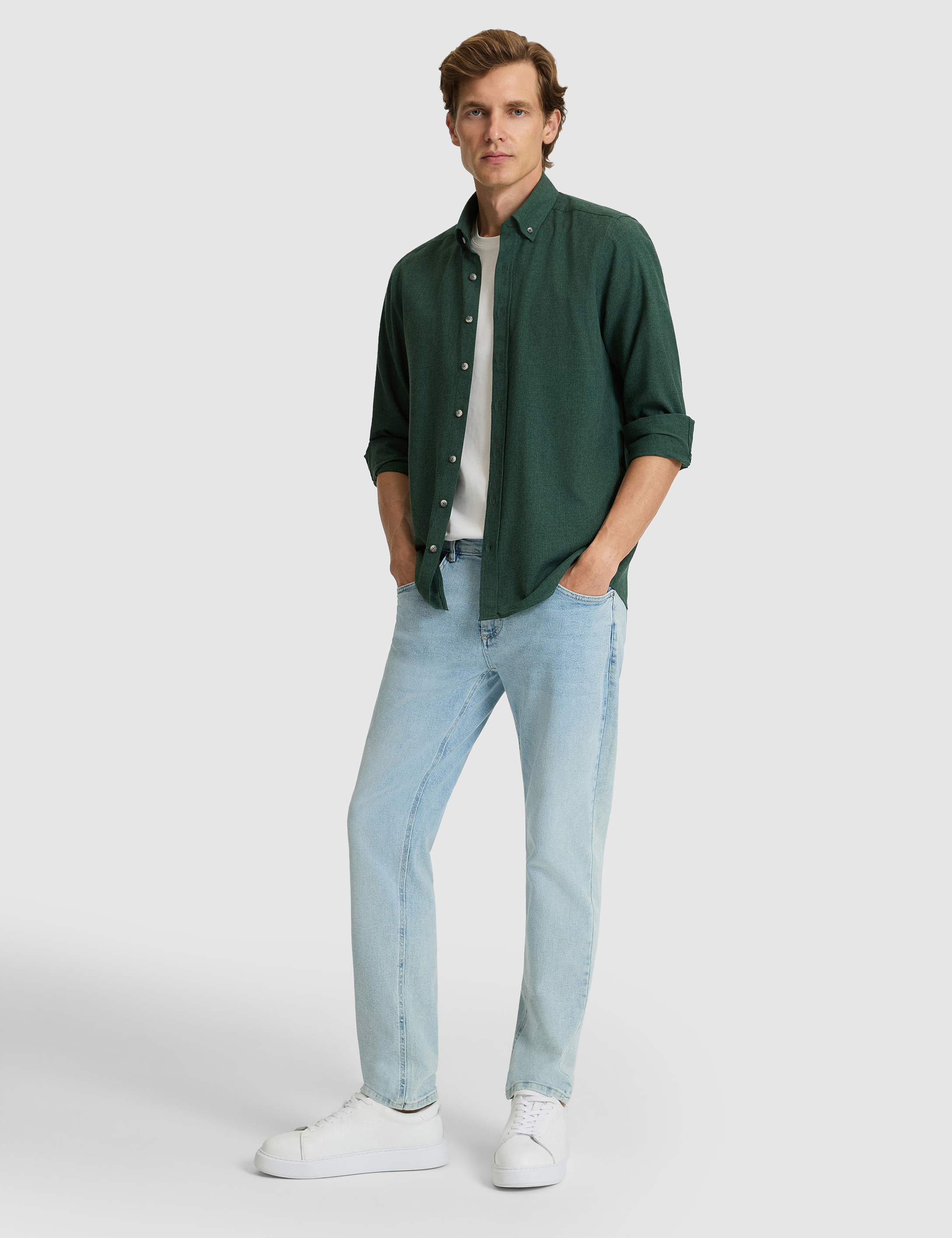Yeşil Flanel Dokulu Slim Fit Uzun Kollu Gömlek - 50316751051