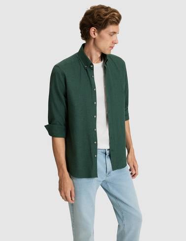Yeşil Flanel Dokulu Slim Fit Uzun Kollu Gömlek