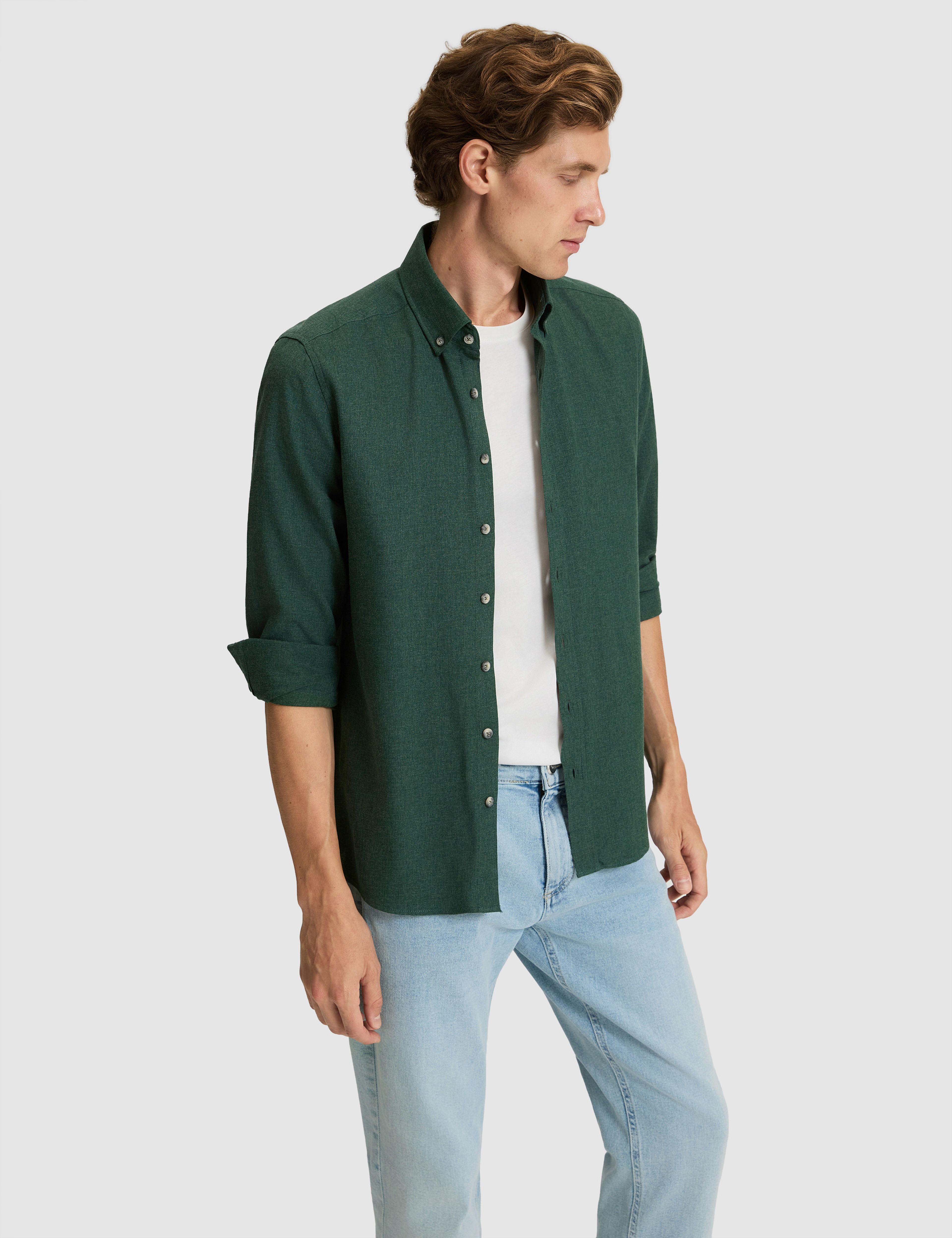 Yeşil Flanel Dokulu Slim Fit Uzun Kollu Gömlek