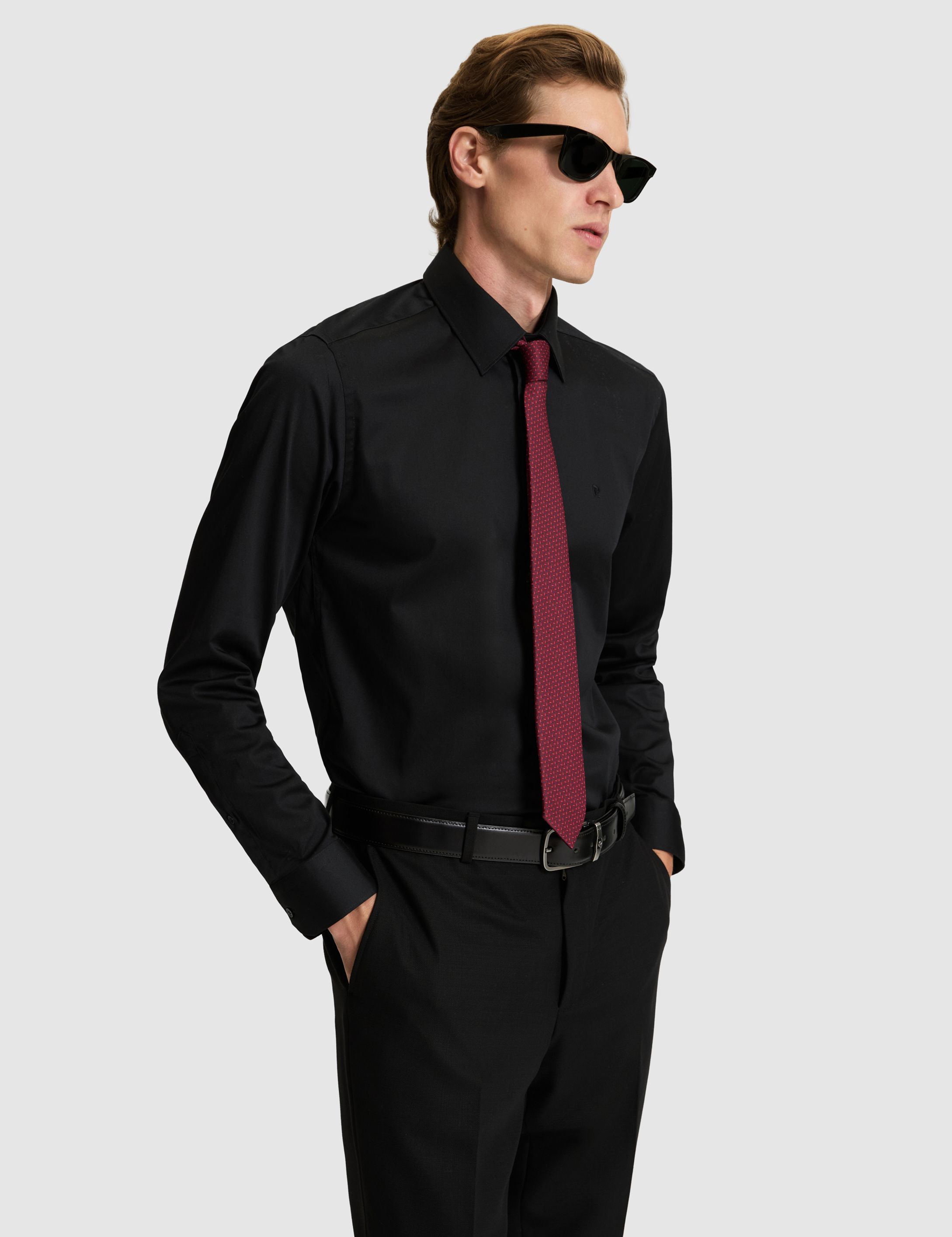 Siyah Slim Fit Uzun Kollu Basic Gömlek - 50328765038
