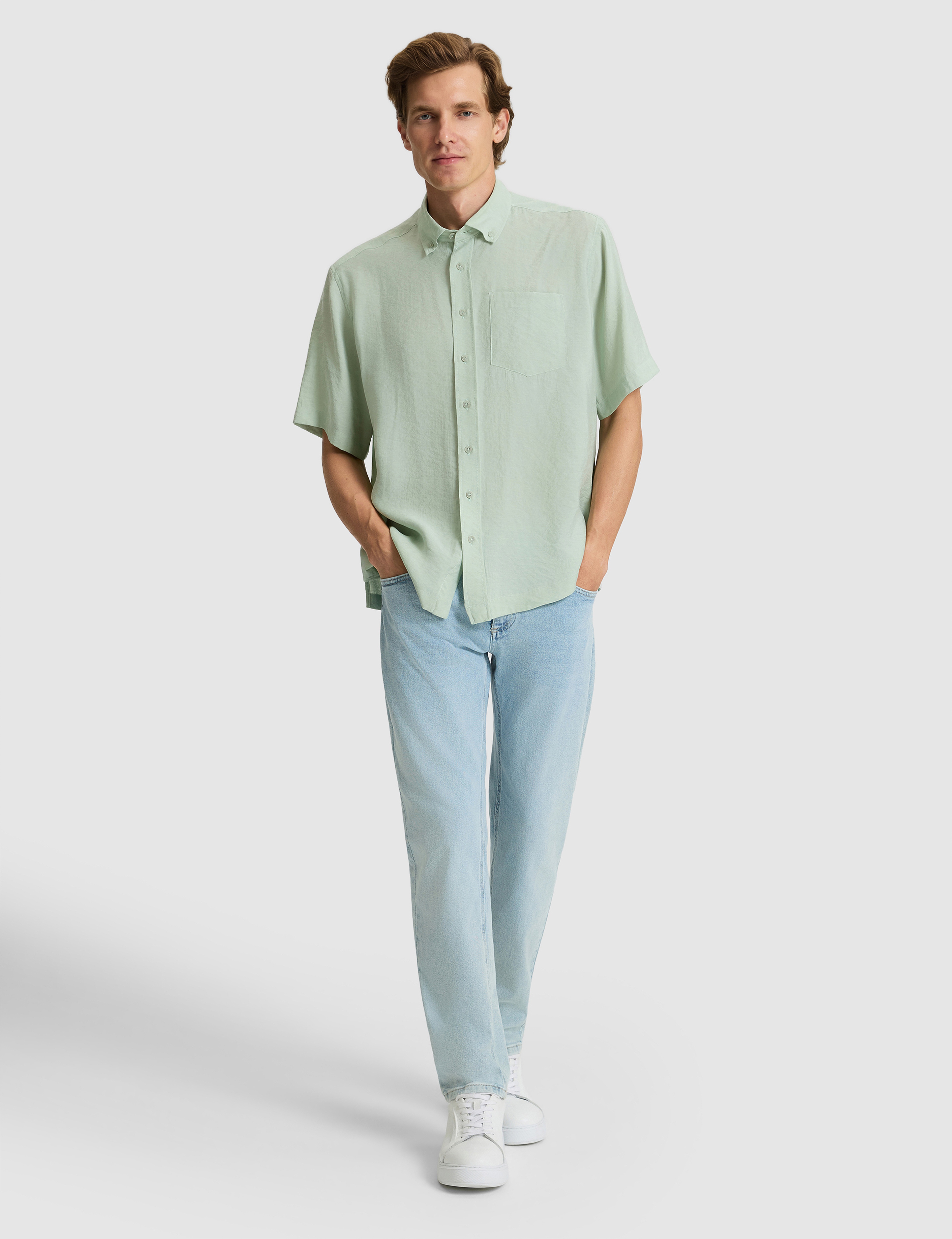 Su Yeşili Oversize Kısa Kollu Gömlek - Image 4