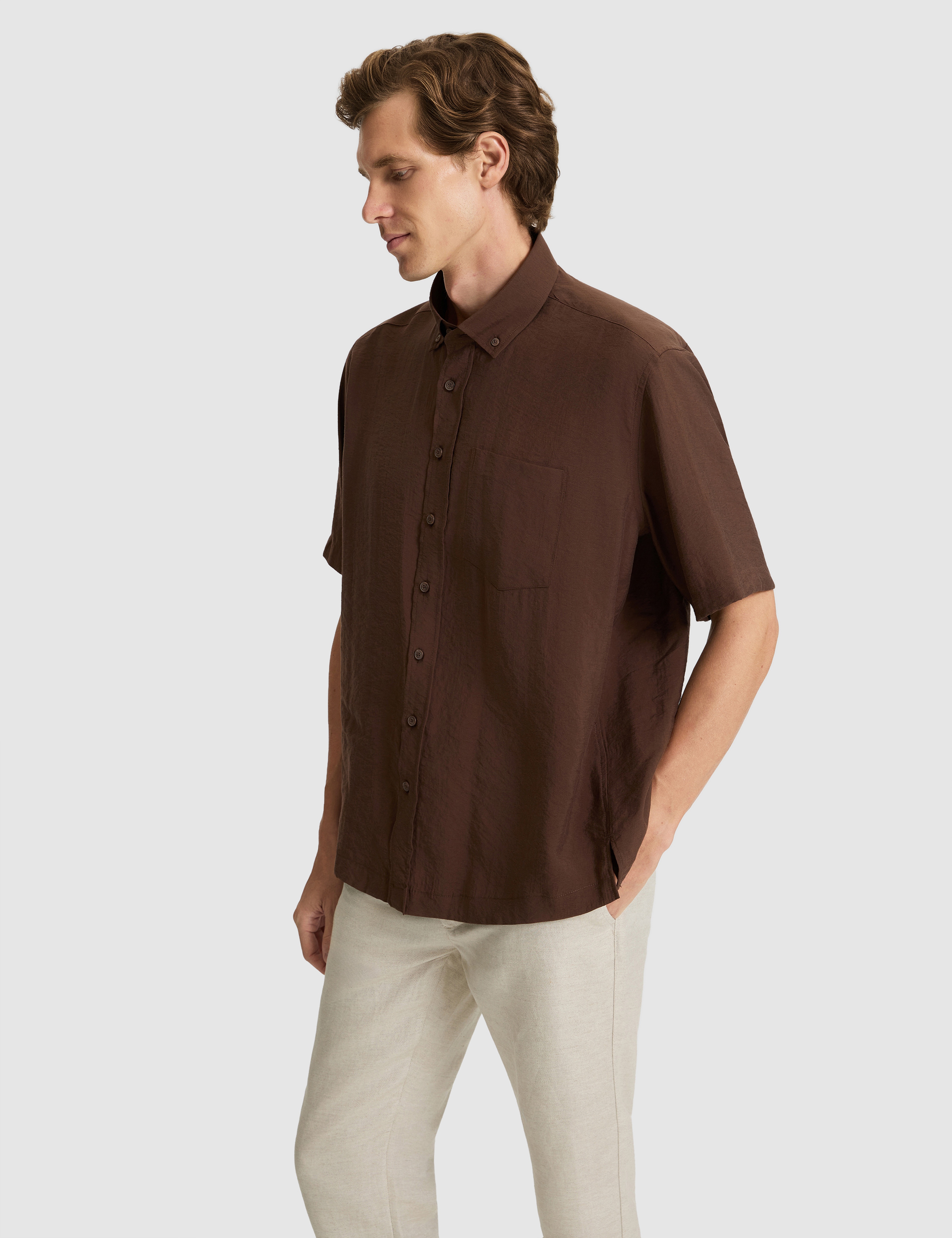Koyu Kahverengi Oversize Kısa Kollu Gömlek - Image 3
