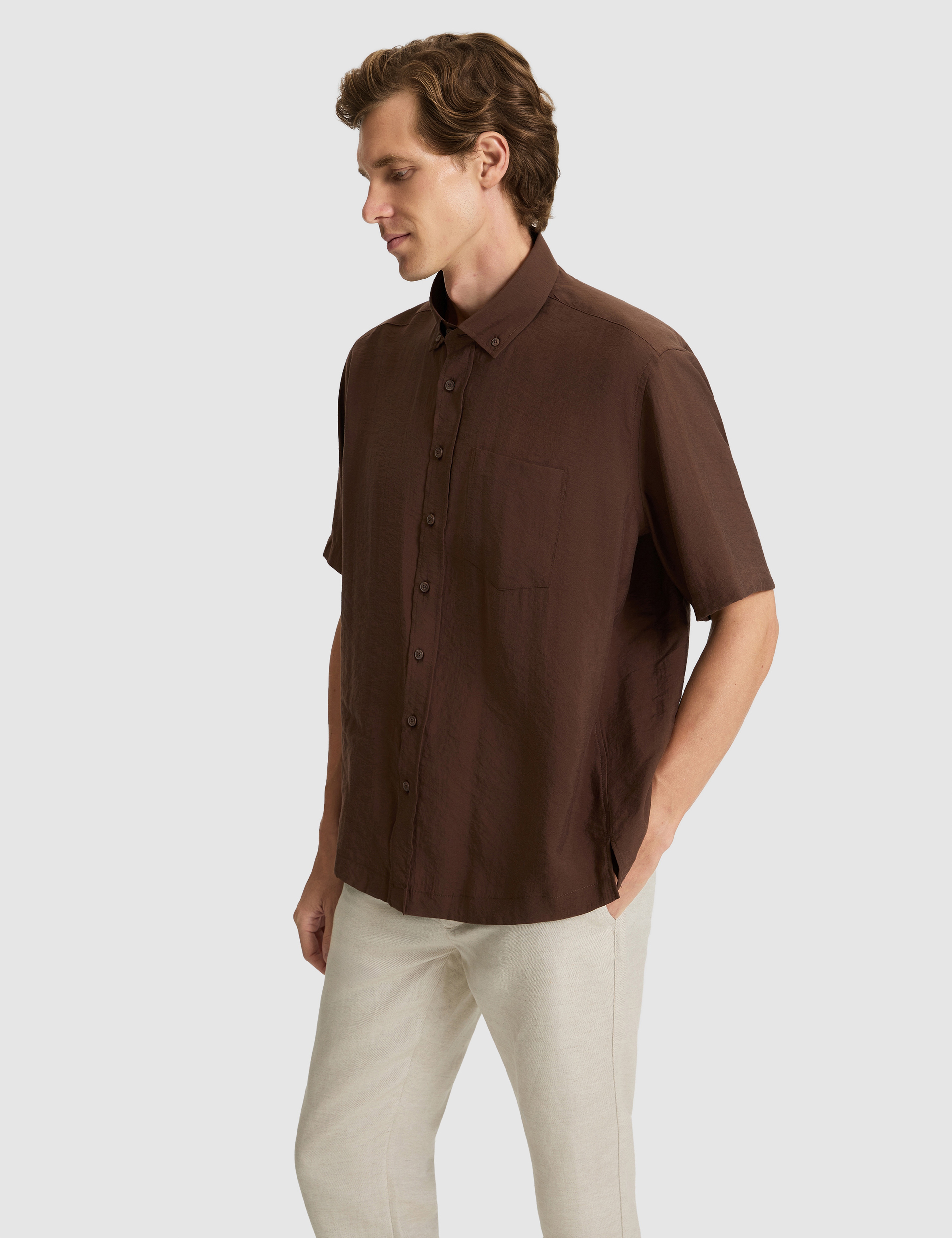 Koyu Kahverengi Oversize Kısa Kollu Gömlek