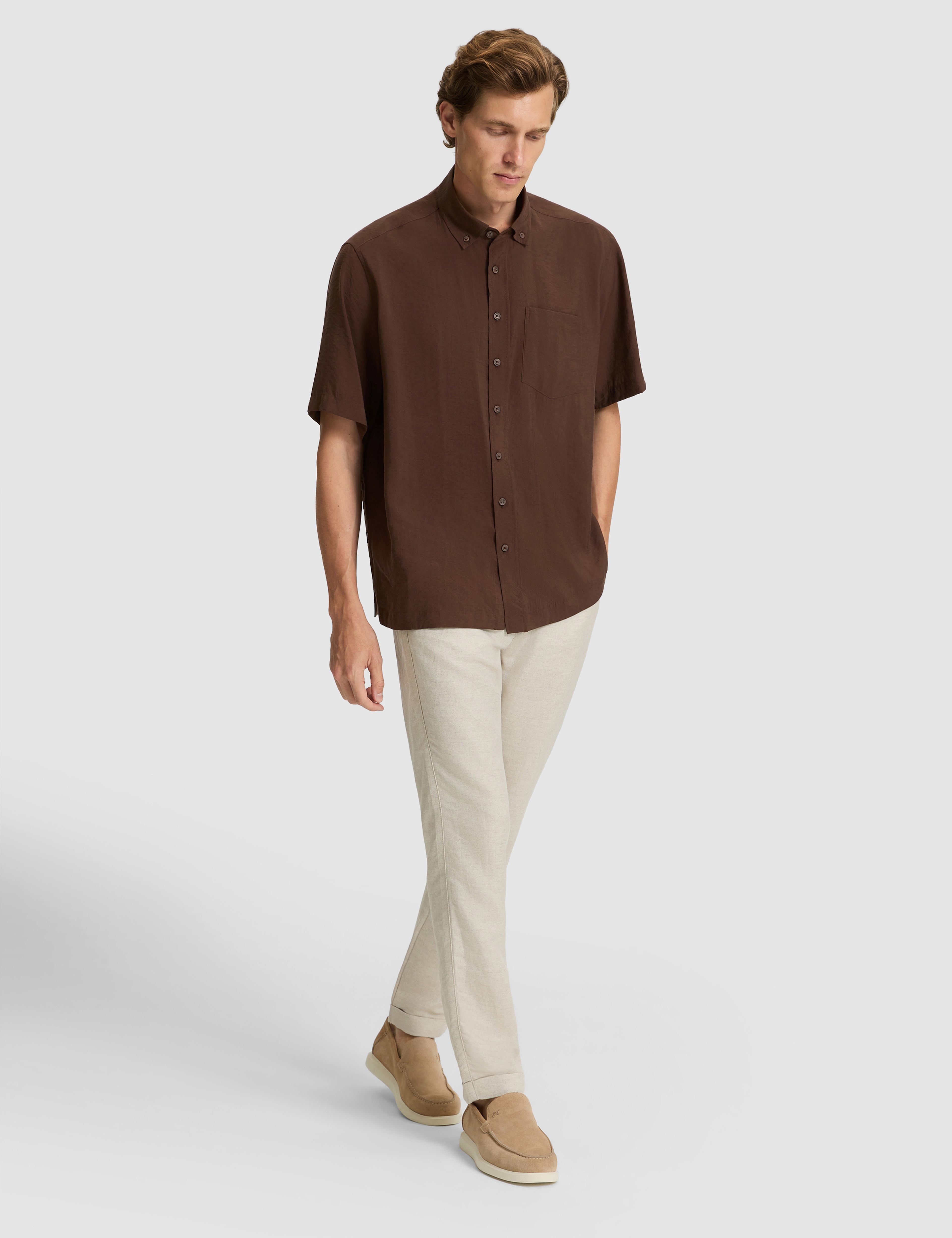 Koyu Kahverengi Oversize Kısa Kollu Gömlek - Image 4