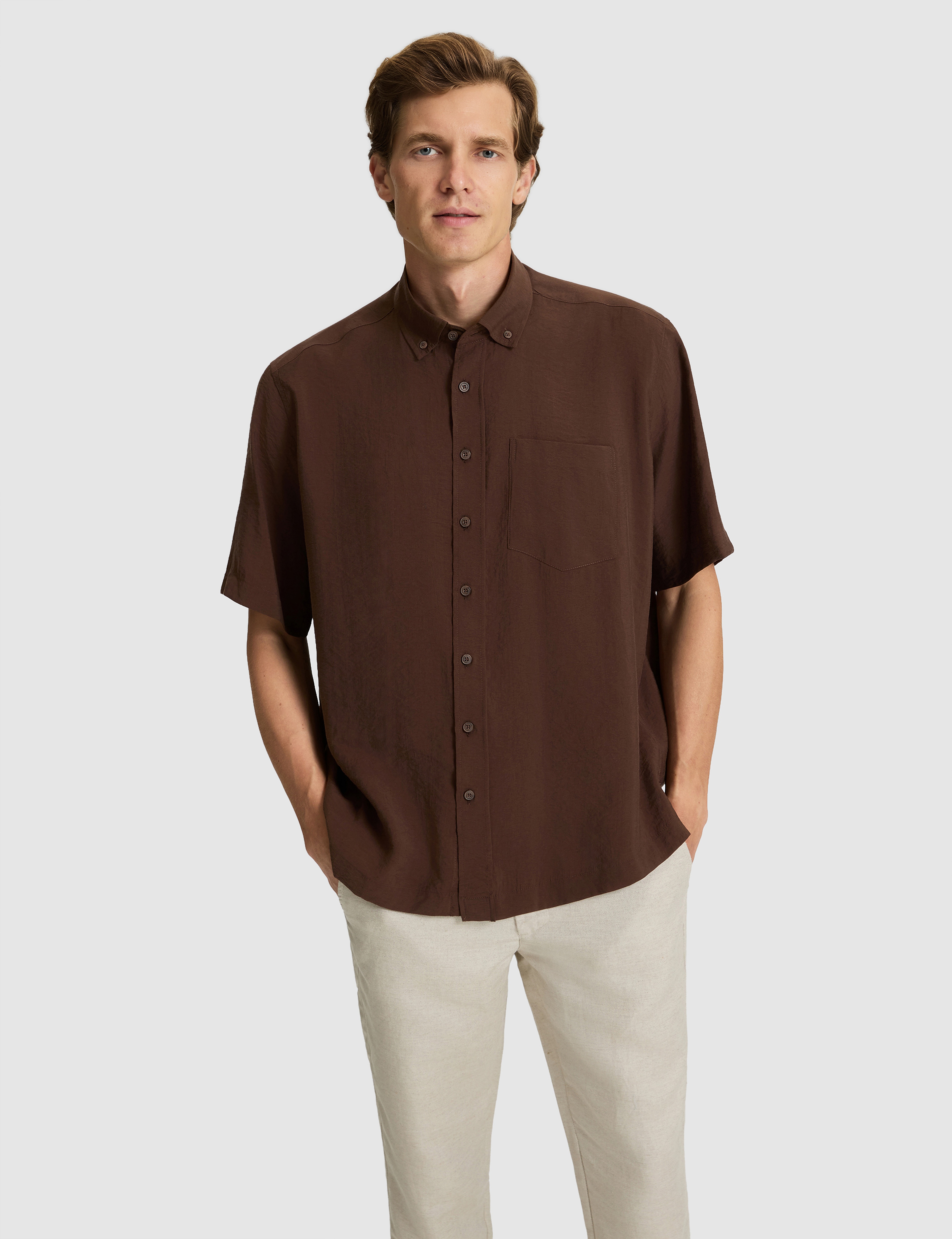 Koyu Kahverengi Oversize Kısa Kollu Gömlek - Image 1