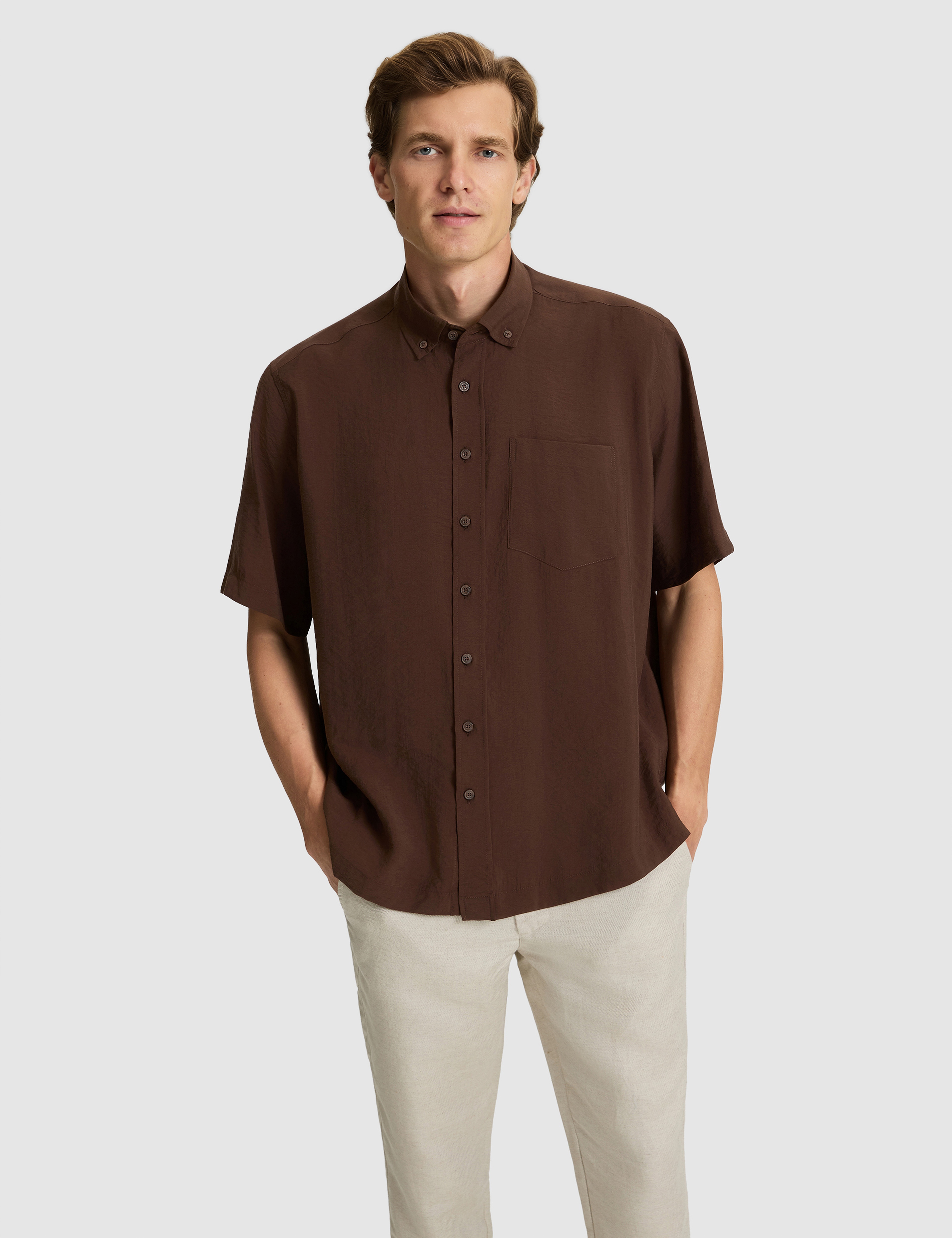 Koyu Kahverengi Oversize Kısa Kollu Gömlek