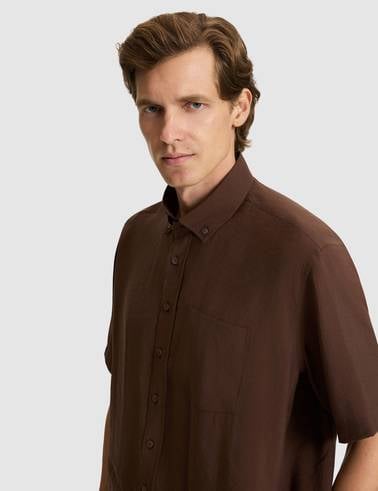 Koyu Kahverengi Oversize Kısa Kollu Gömlek