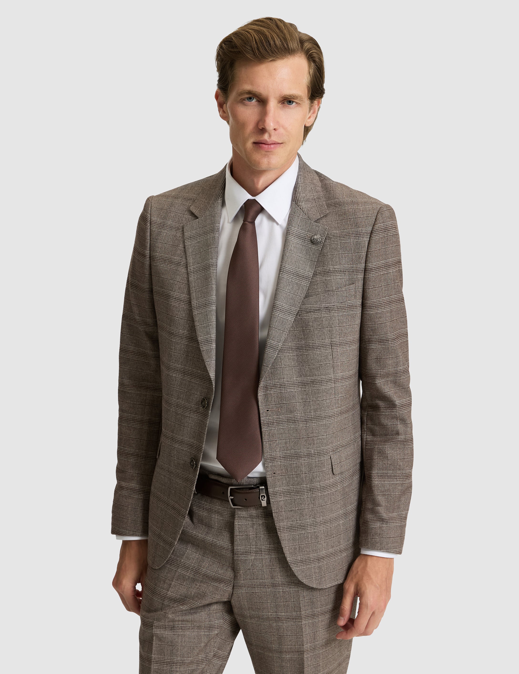 Açık Kahverengi Slim Fit Ekose Takım Elbise - 50279140056