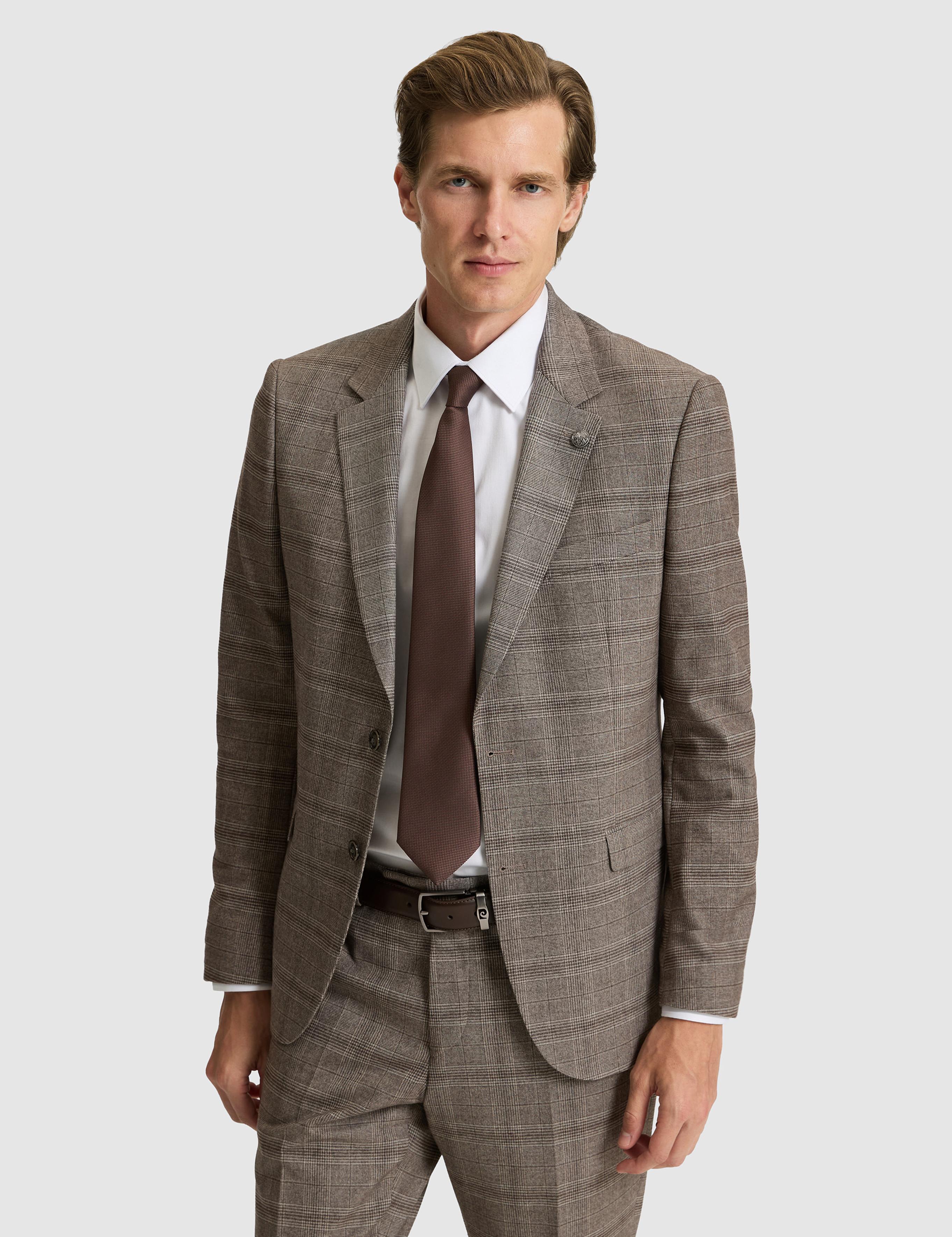 Açık Kahverengi Slim Fit Ekose Takım Elbise
