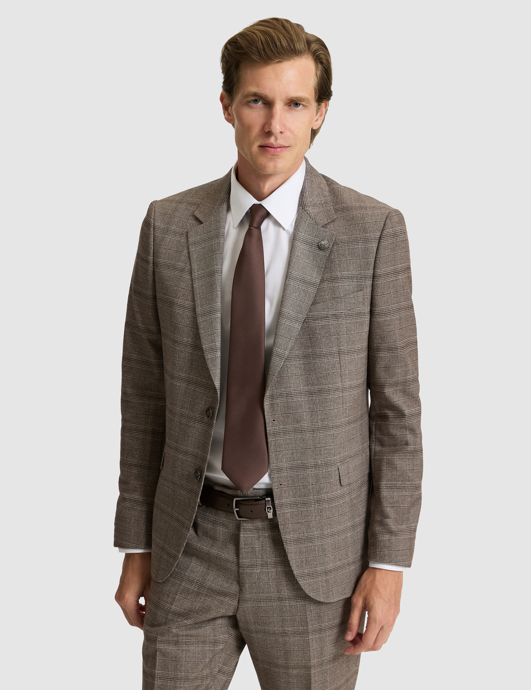 Açık Kahverengi Slim Fit Ekose Takım Elbise - 50279140056