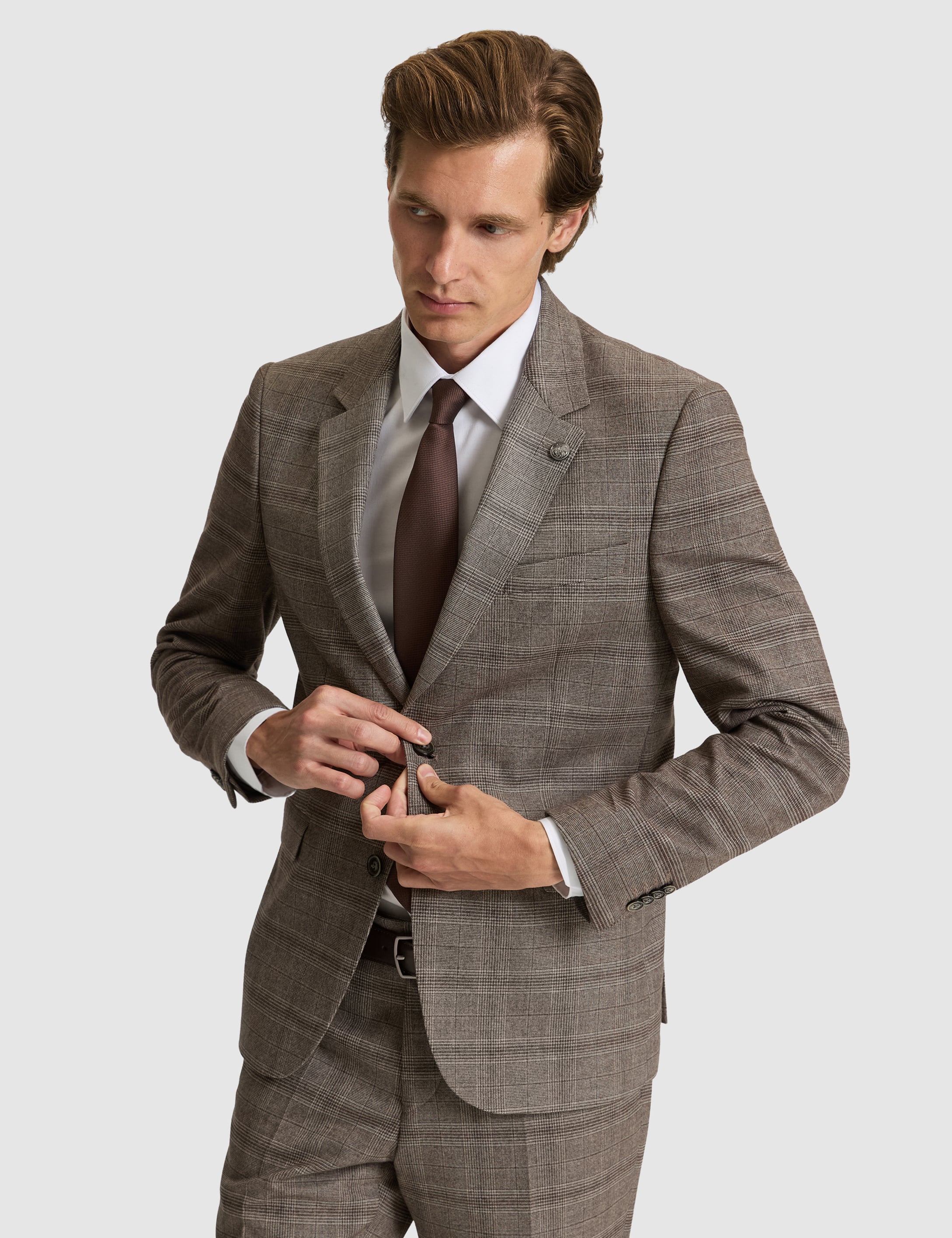 Açık Kahverengi Slim Fit Ekose Takım Elbise - Image 4