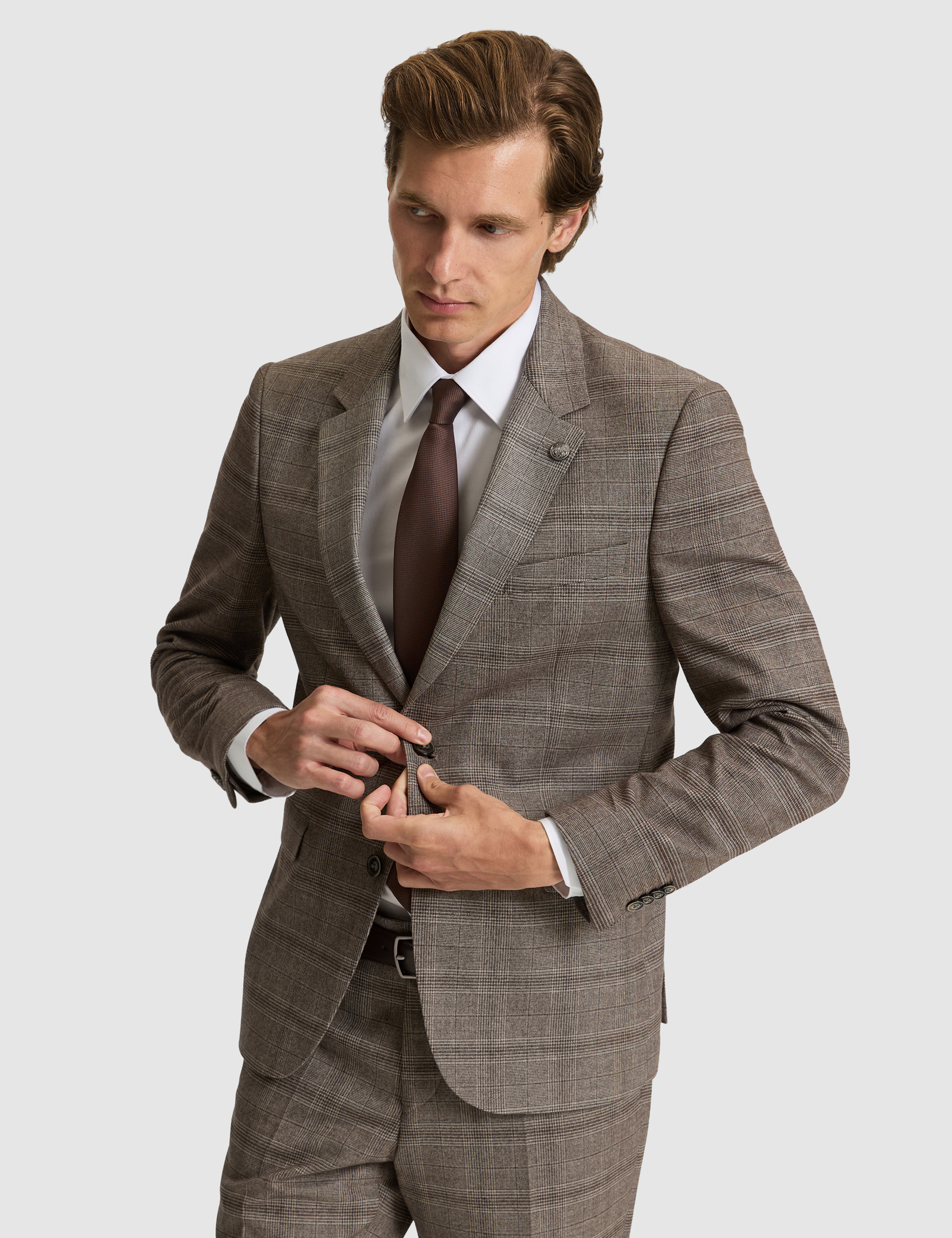 Açık Kahverengi Slim Fit Ekose Takım Elbise - 50279140056