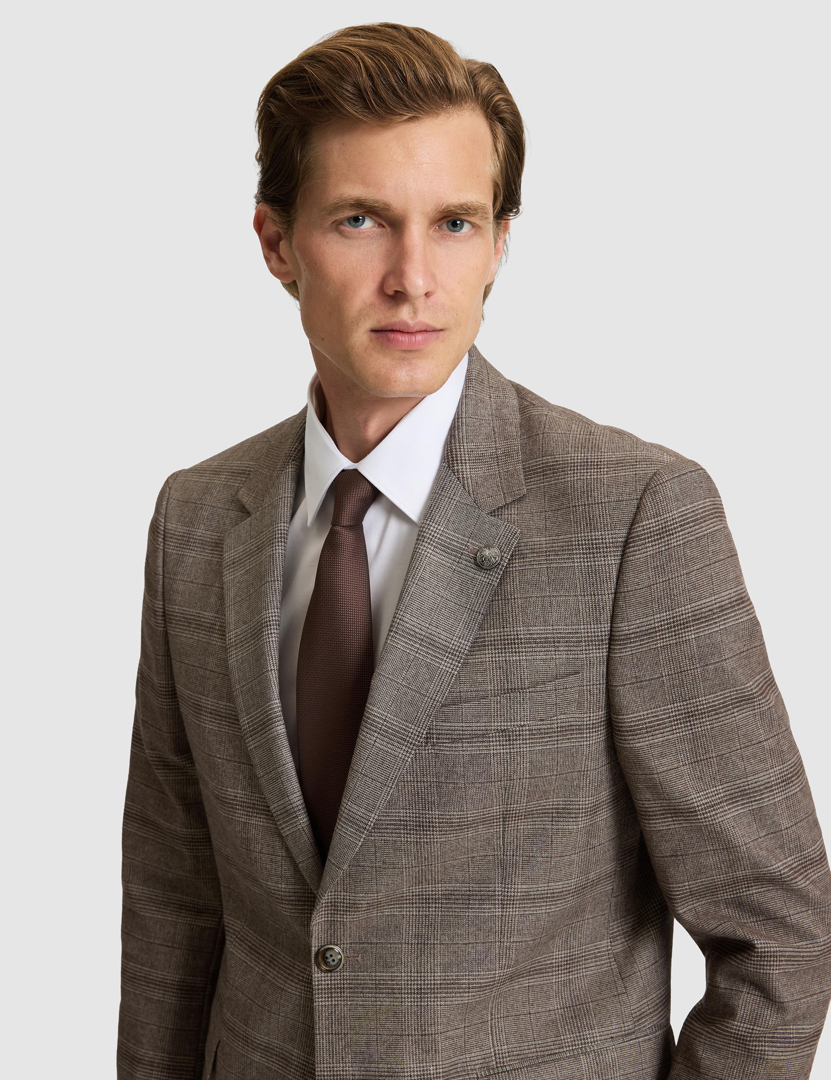 Açık Kahverengi Slim Fit Ekose Takım Elbise