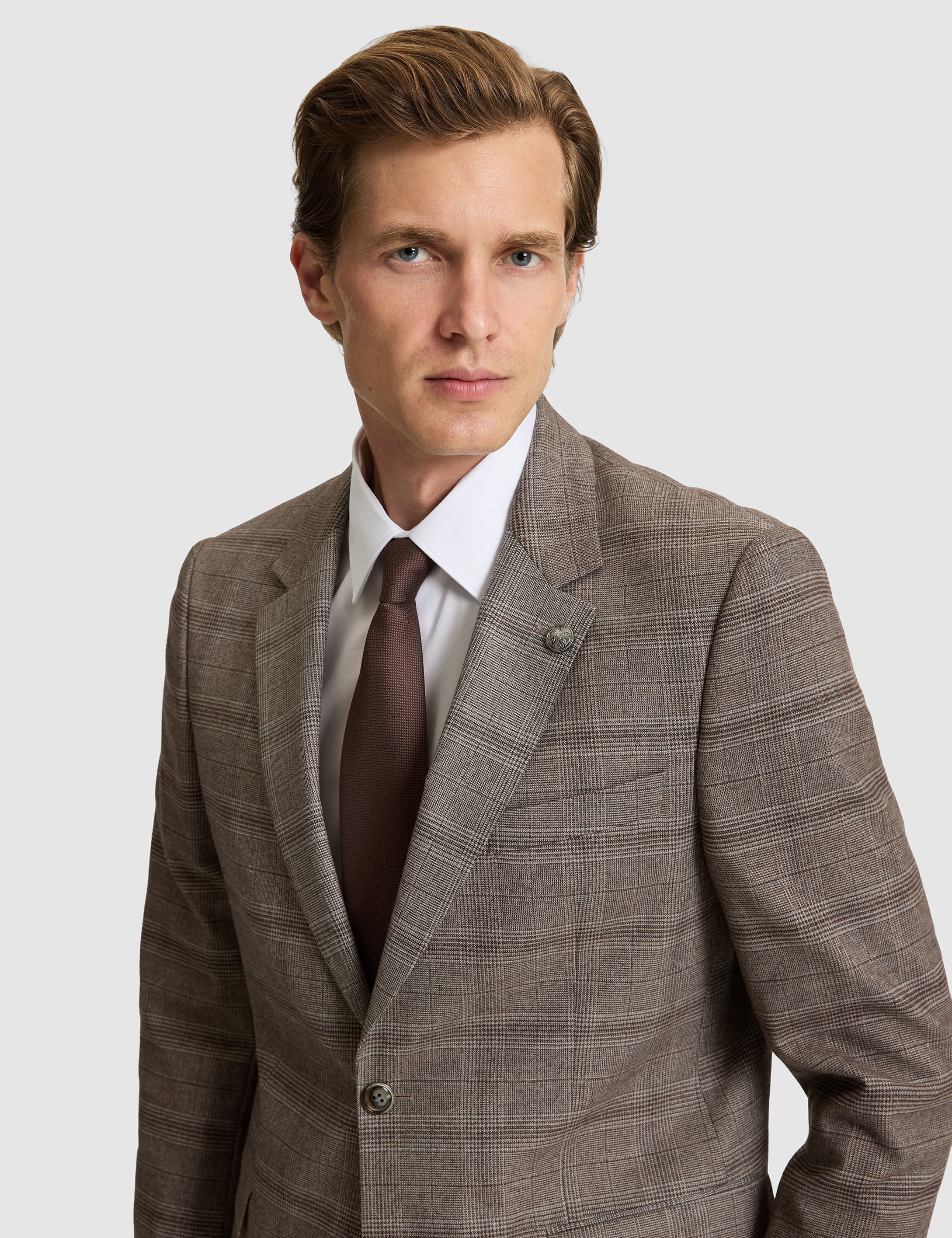Açık Kahverengi Slim Fit Ekose Takım Elbise - Image 2