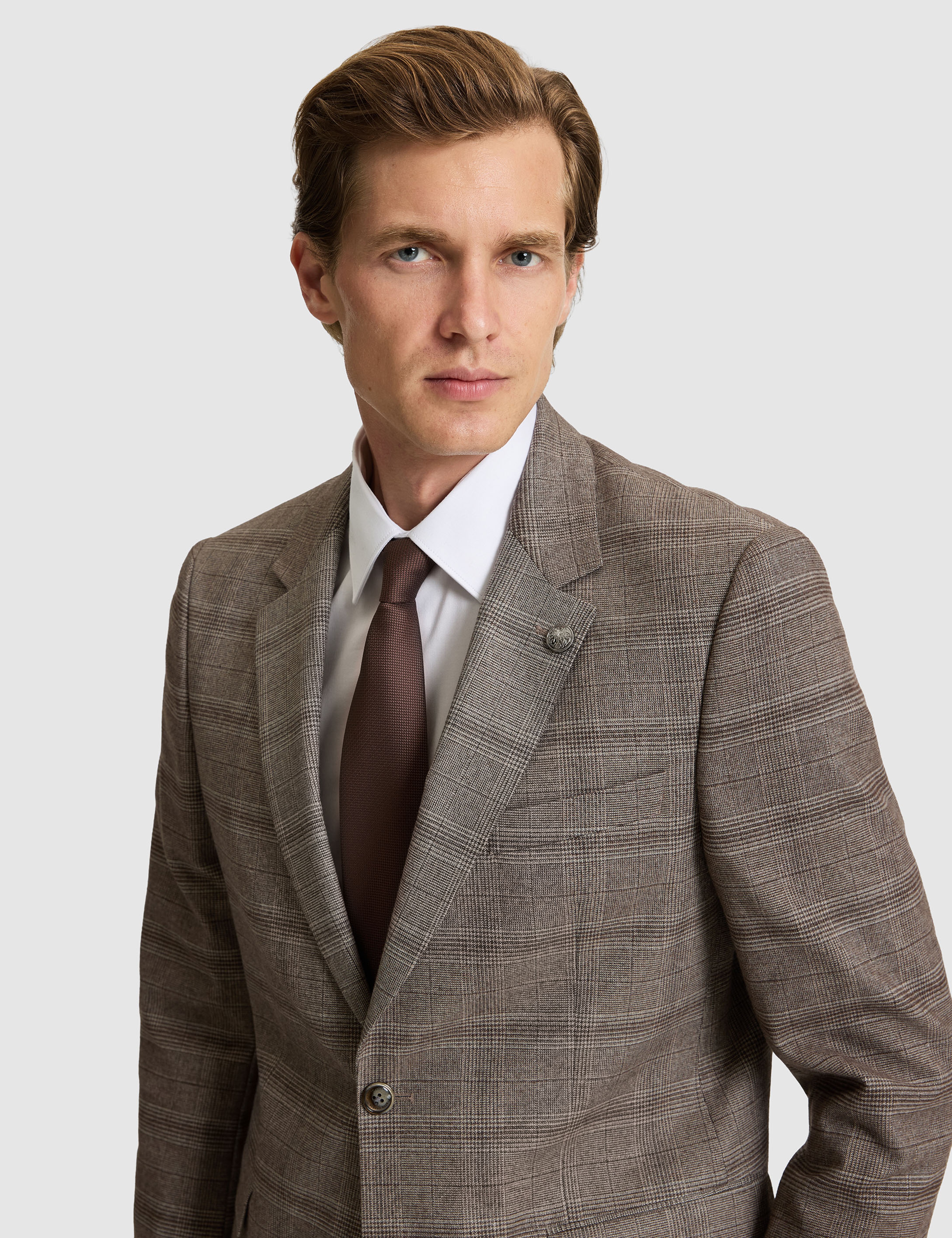 Açık Kahverengi Slim Fit Ekose Takım Elbise