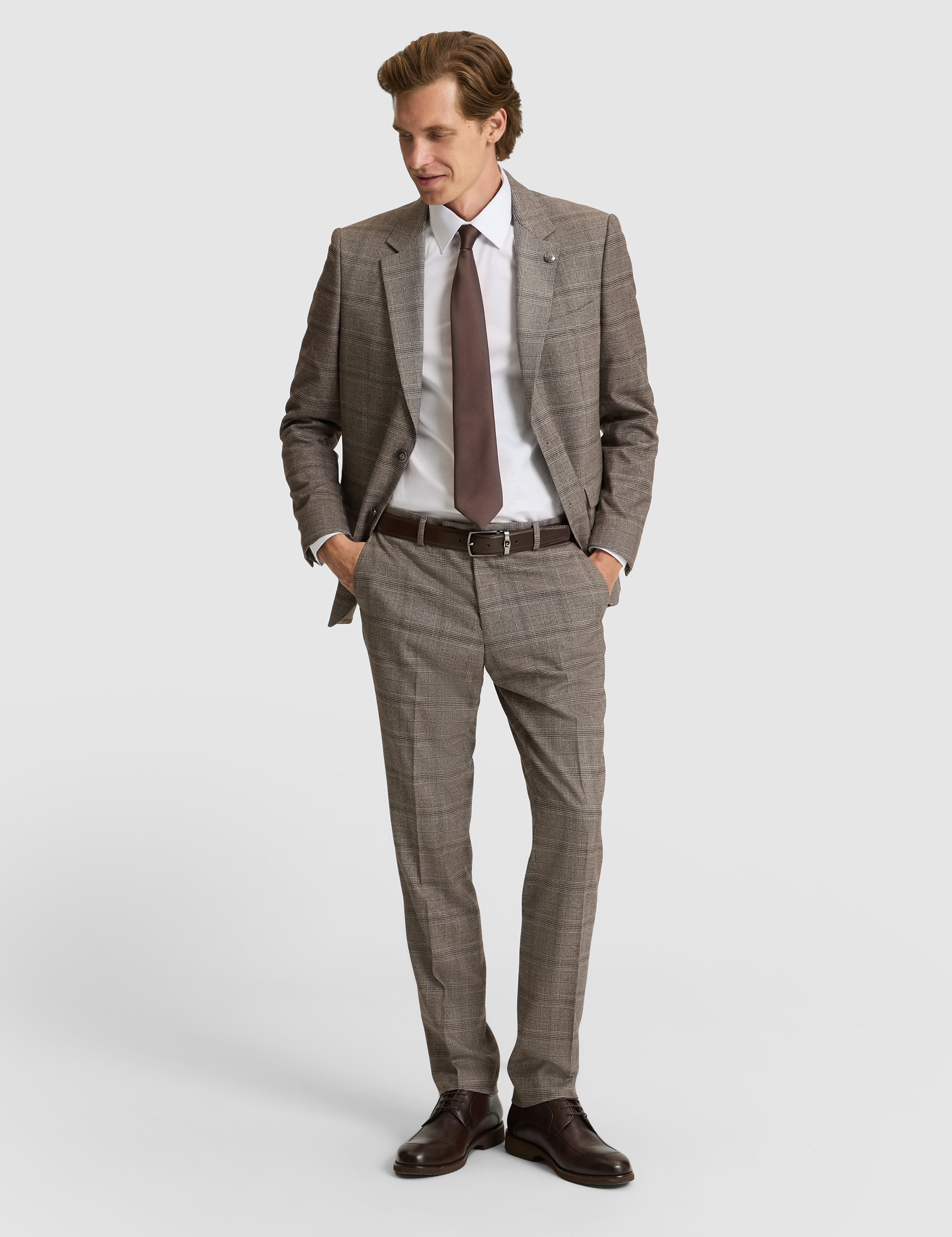 Açık Kahverengi Slim Fit Ekose Takım Elbise - 50279140056