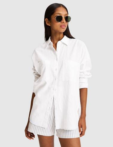 Beyaz Oversize Keten Karışımlı Gömlek