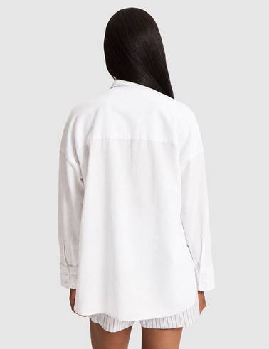 Beyaz Oversize Keten Karışımlı Gömlek