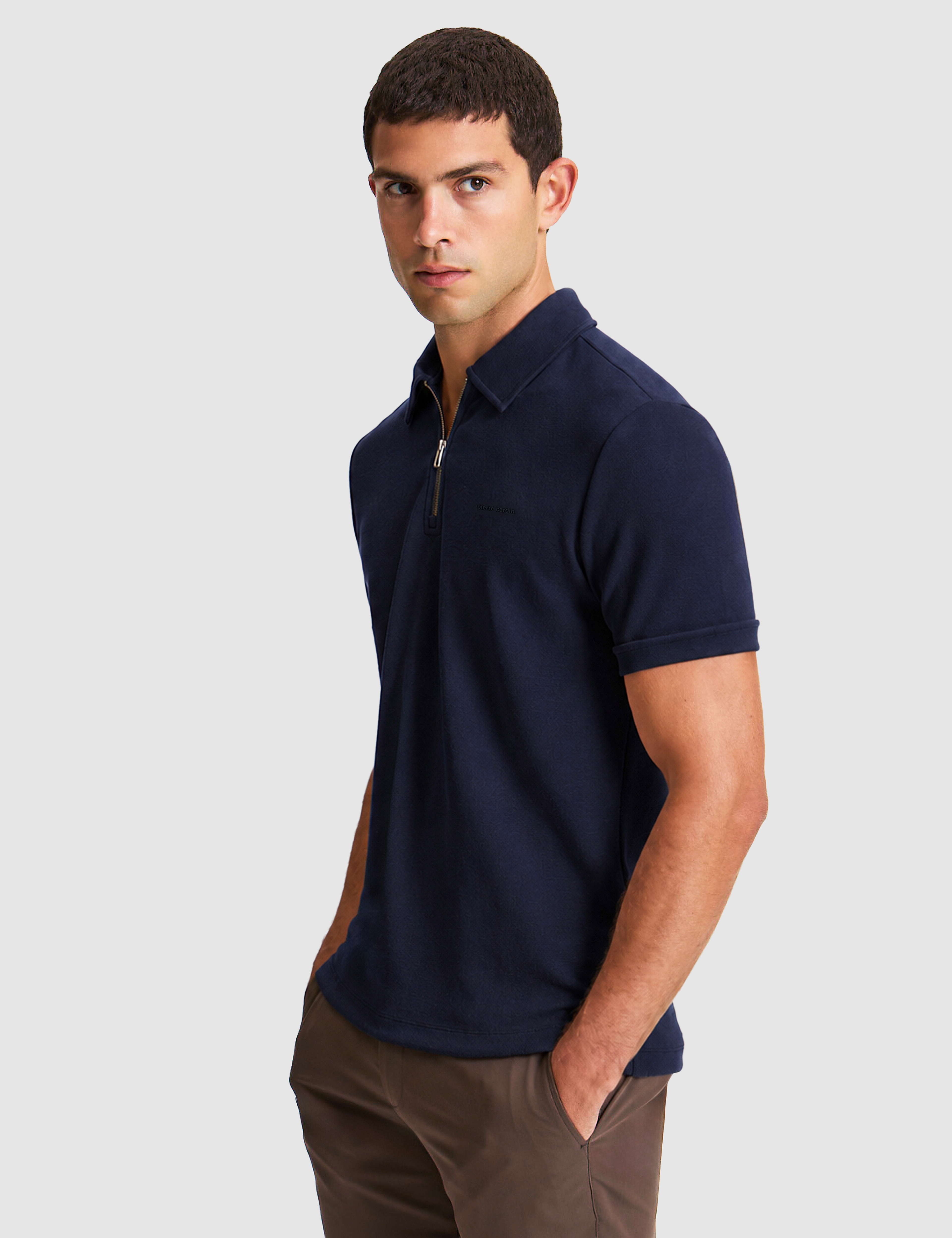 Ekru Regular Fit Fermuarlı Polo Yaka Tişört - Image 1
