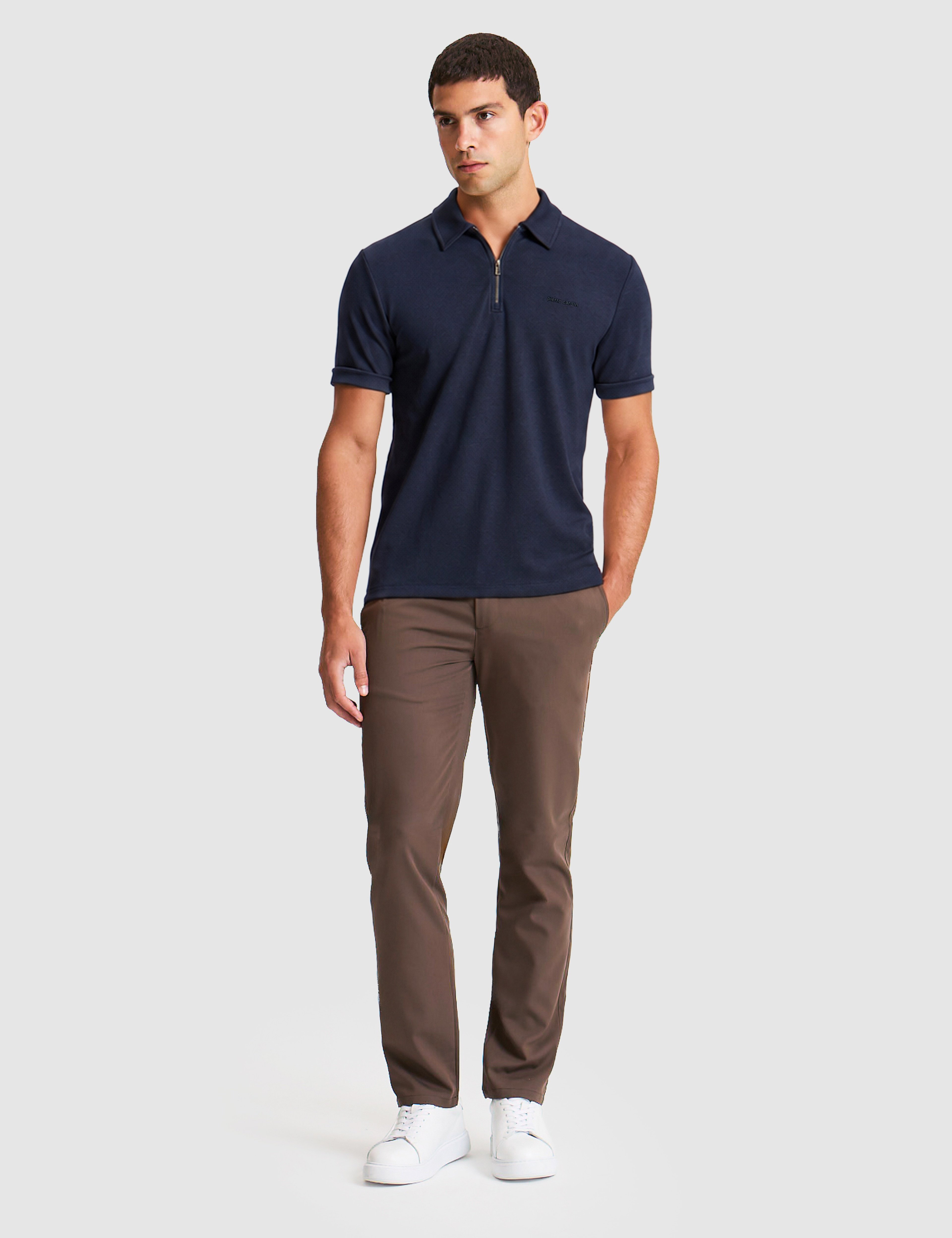 Ekru Regular Fit Fermuarlı Polo Yaka Tişört