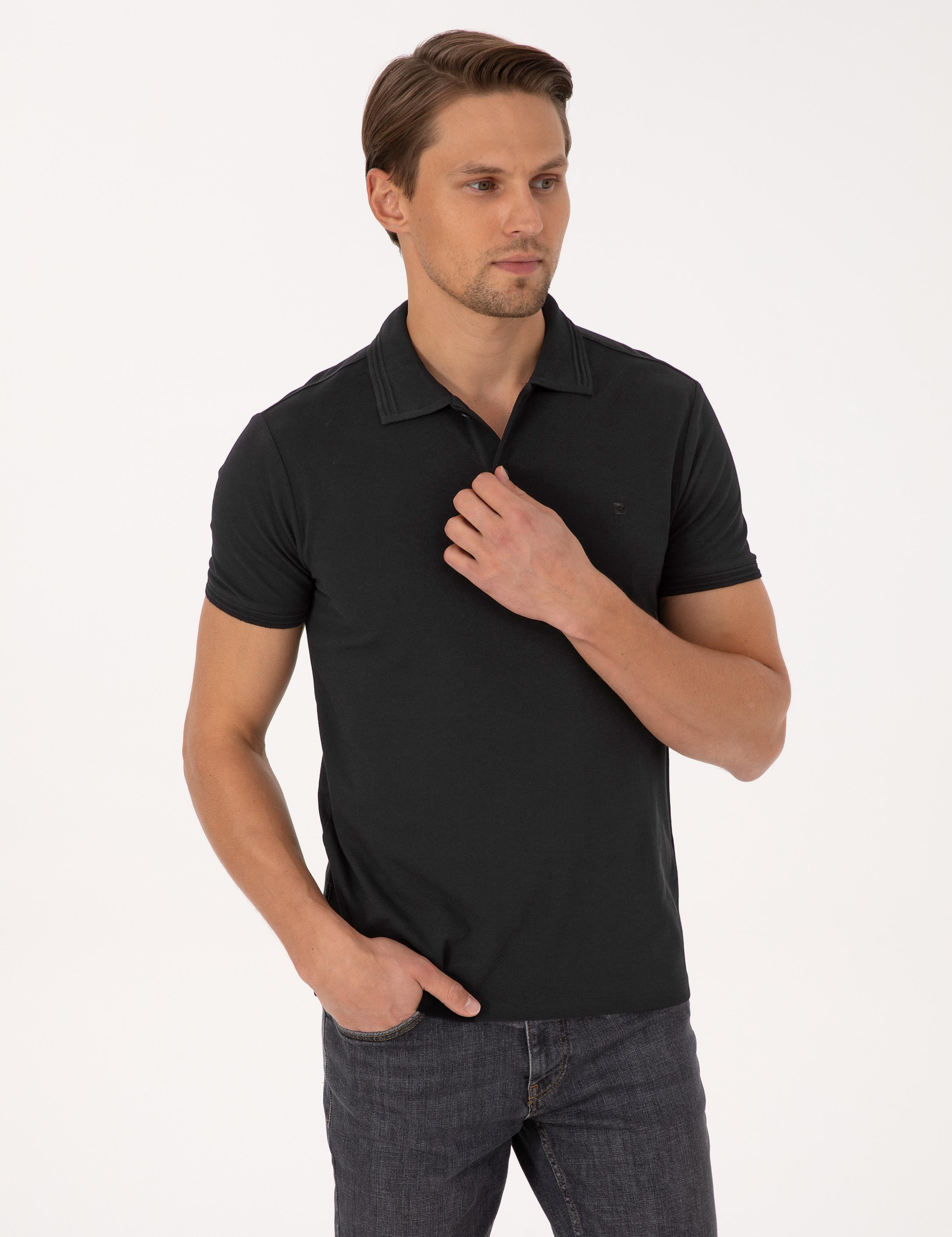 Siyah Slim Fit %100 Pamuk Kıvrılmaz Düğmeli Polo Yaka Basic Tişört